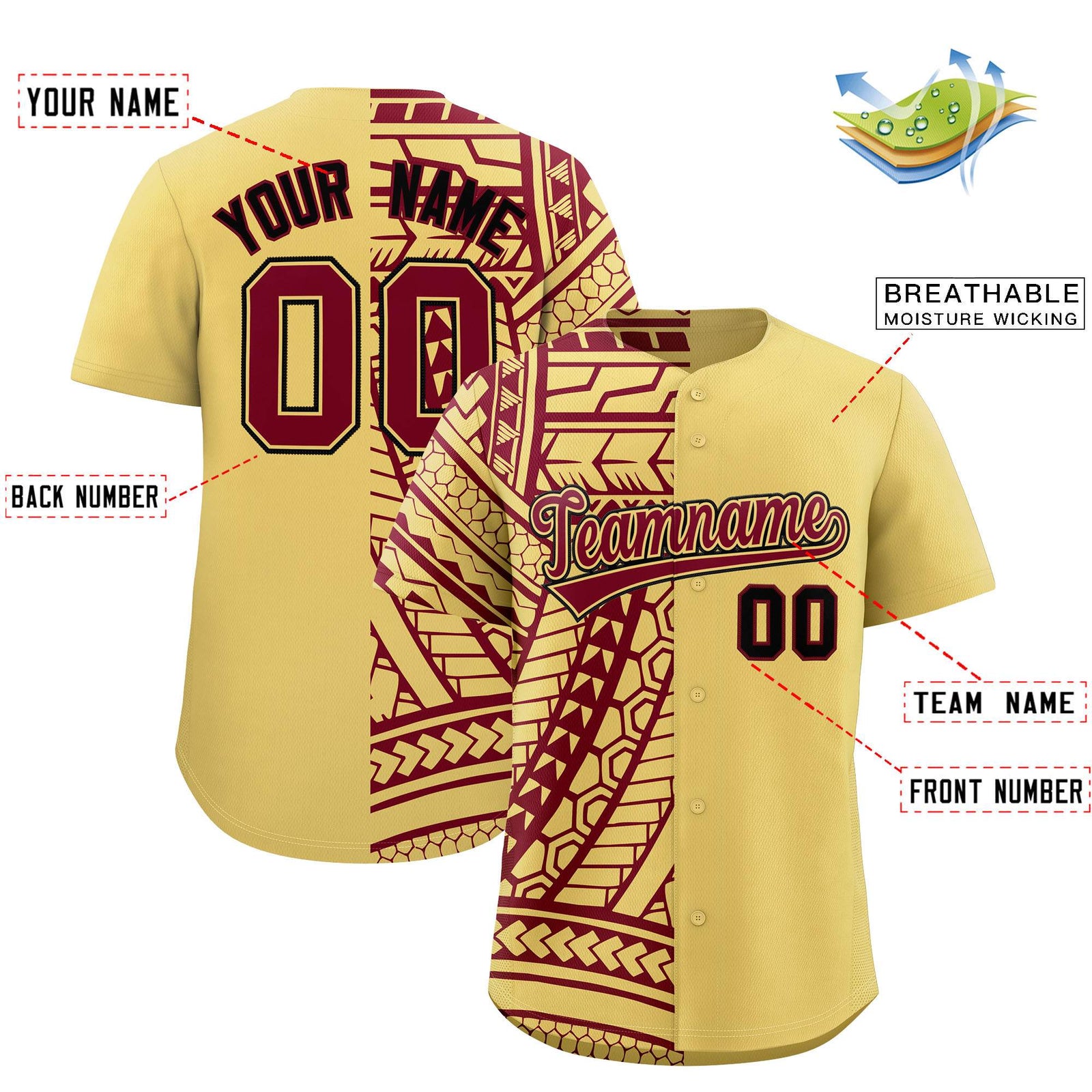 Custom Khaki Crimson Split Fashion Tribal Pattern Authentic Baseball Jersey