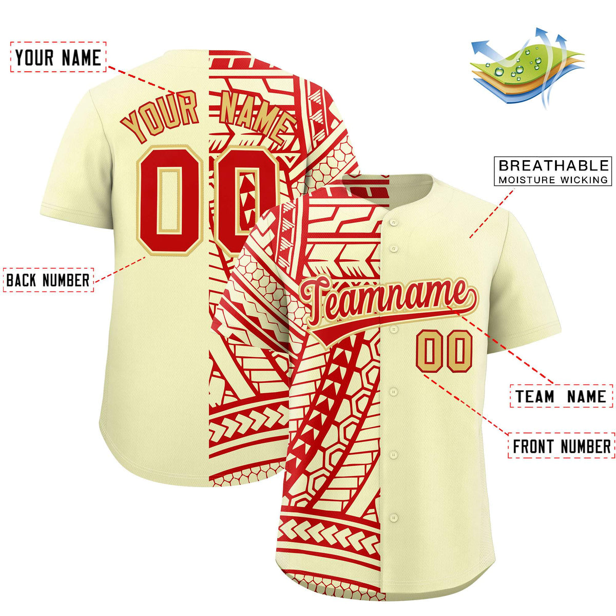 Custom Cream Red Split Fashion Tribal Pattern Authentic Baseball Jersey