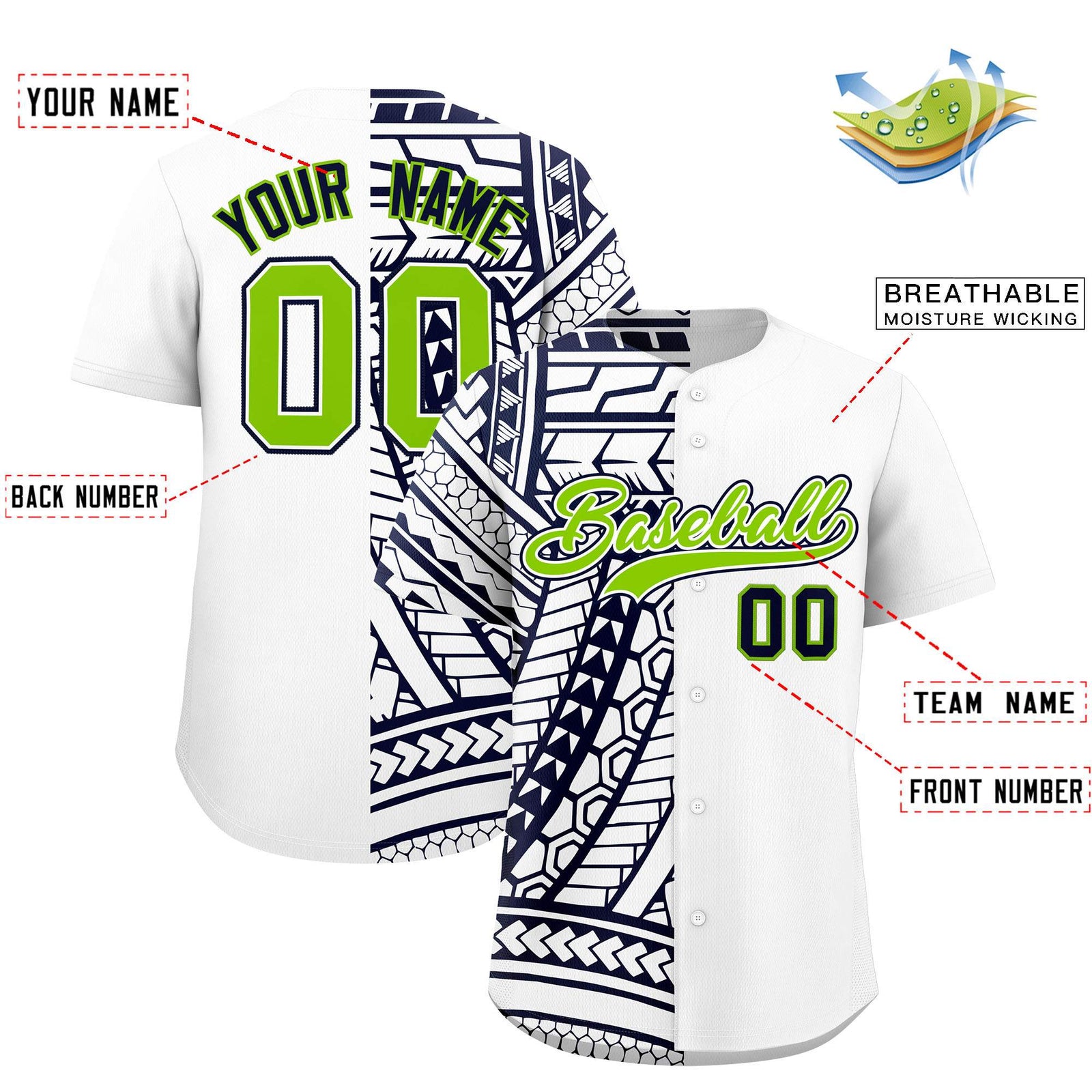Custom White Navy Split Fashion Tribal Pattern Authentic Baseball Jersey