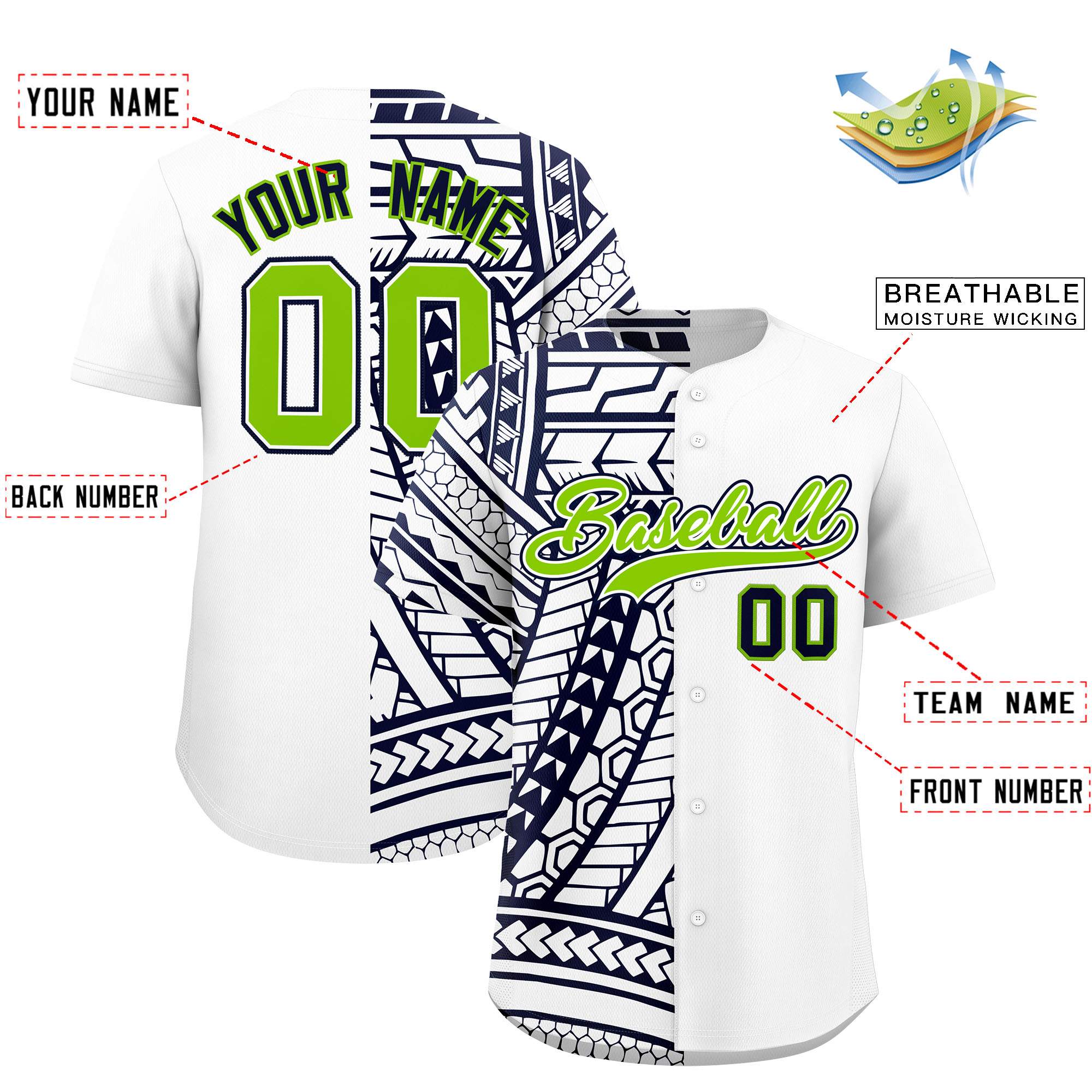 Custom White Navy Split Fashion Tribal Pattern Authentic Baseball Jersey