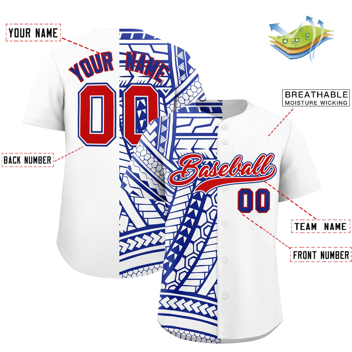 Custom White Royal Split Fashion Tribal Pattern Authentic Baseball Jersey