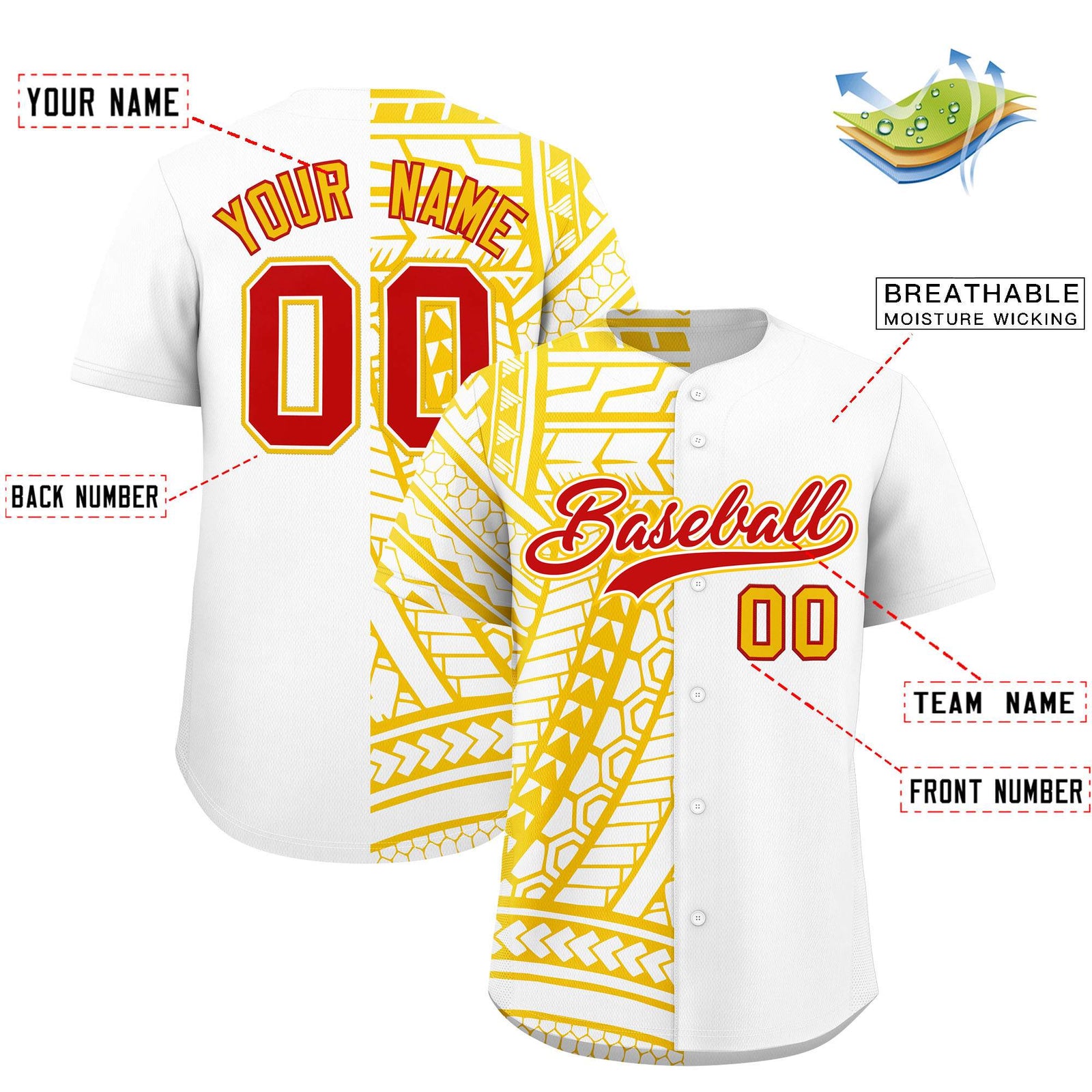 Custom White Yellow Split Fashion Tribal Pattern Authentic Baseball Jersey