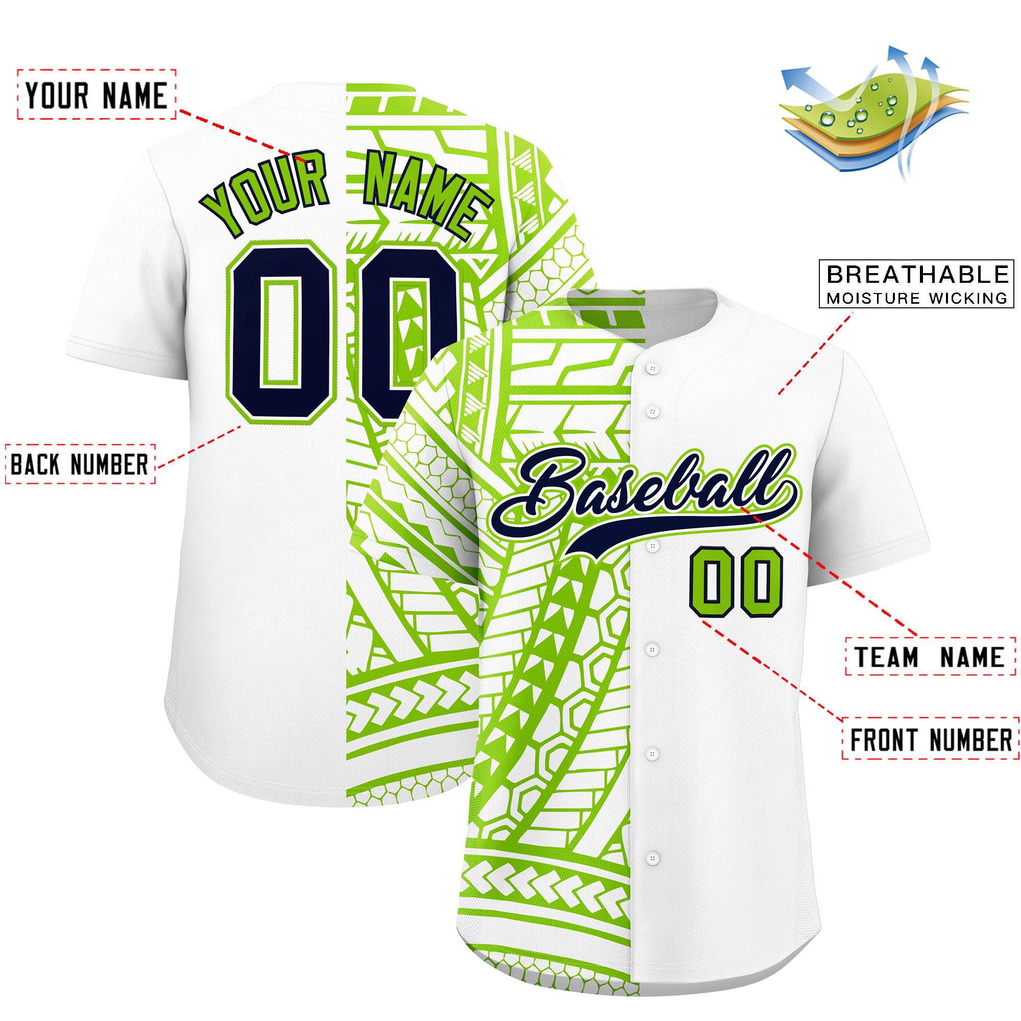 Custom White Neon Green Split Fashion Tribal Pattern Authentic Baseball Jersey