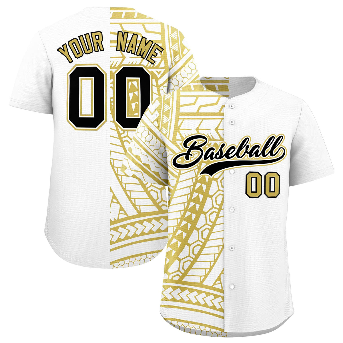 Custom White Old Gold Split Fashion Tribal Pattern Authentic Baseball Jersey