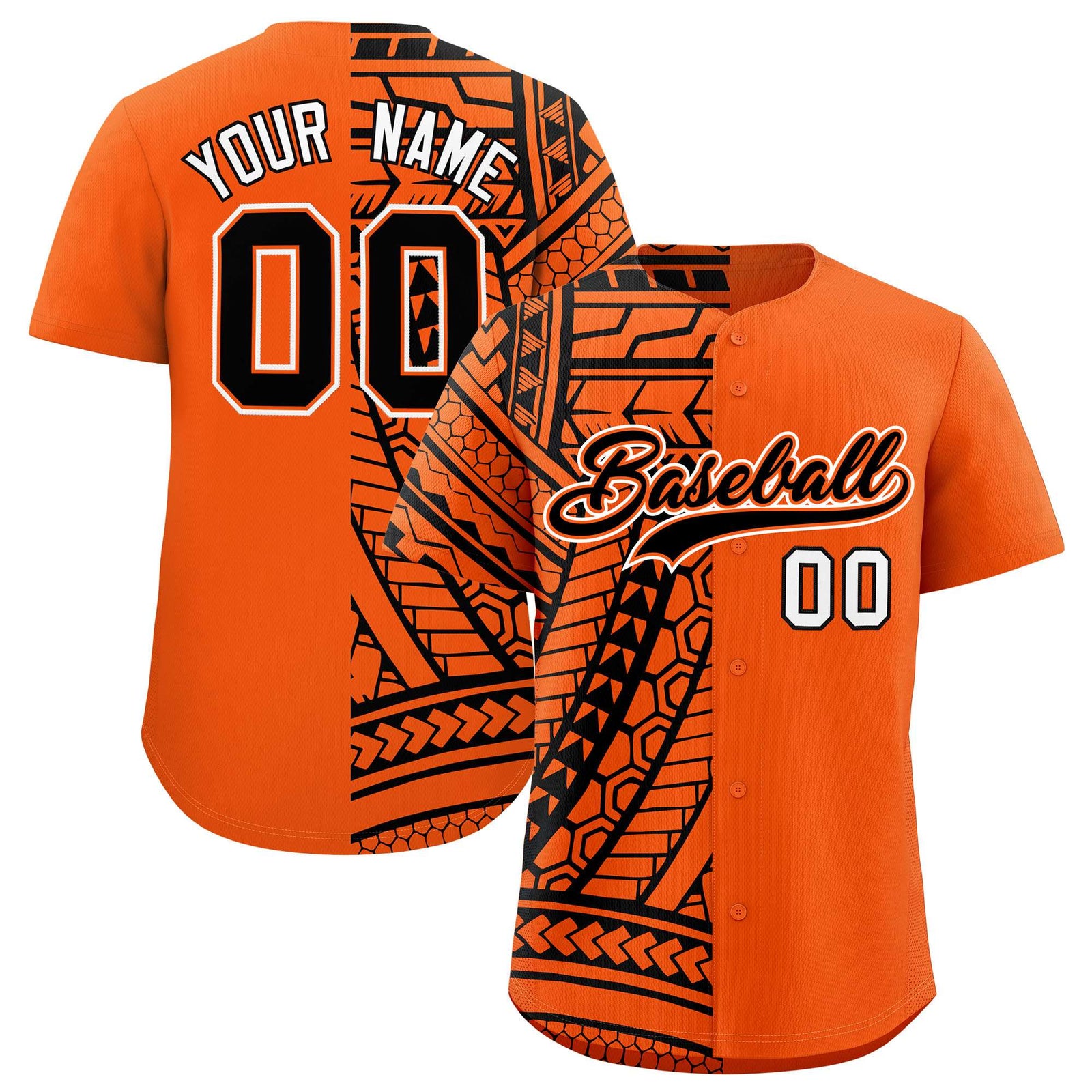 Custom Orange Black Split Fashion Tribal Pattern Authentic Baseball Jersey