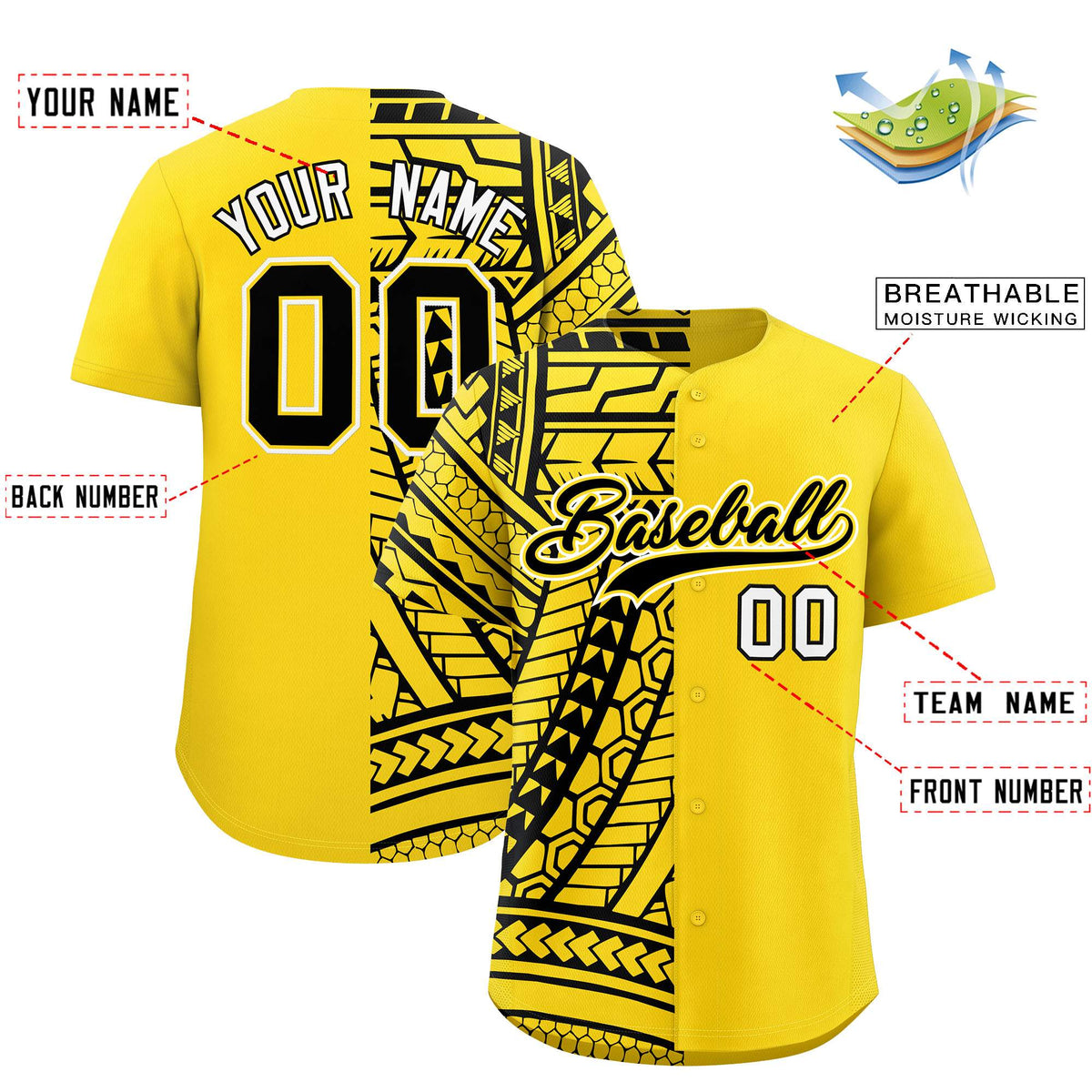 Custom Gold Black Split Fashion Tribal Pattern Authentic Baseball Jersey