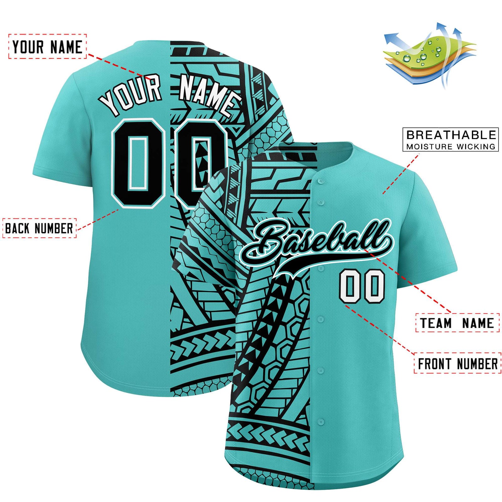 Custom Aqua Black Split Fashion Tribal Pattern Authentic Baseball Jersey