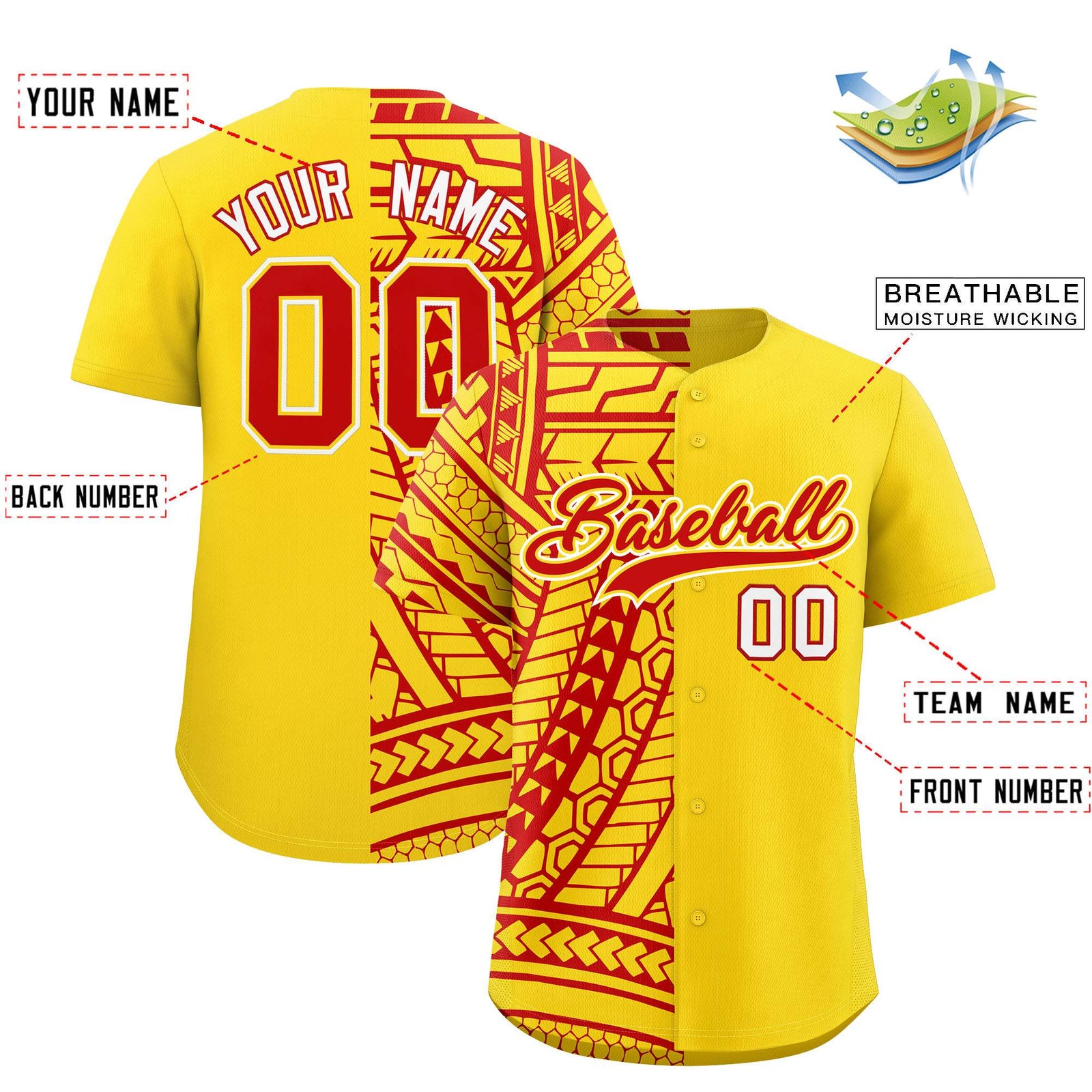 Custom Red Gold Split Fashion Tribal Pattern Authentic Baseball Jersey