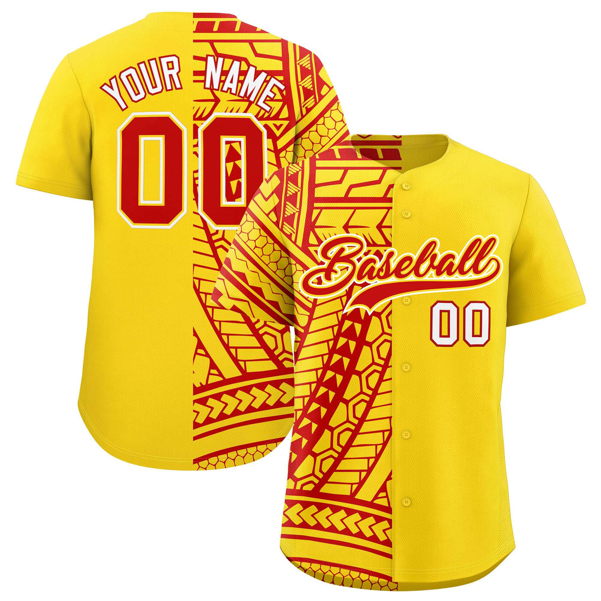 Custom Red Gold Split Fashion Tribal Pattern Authentic Baseball Jersey
