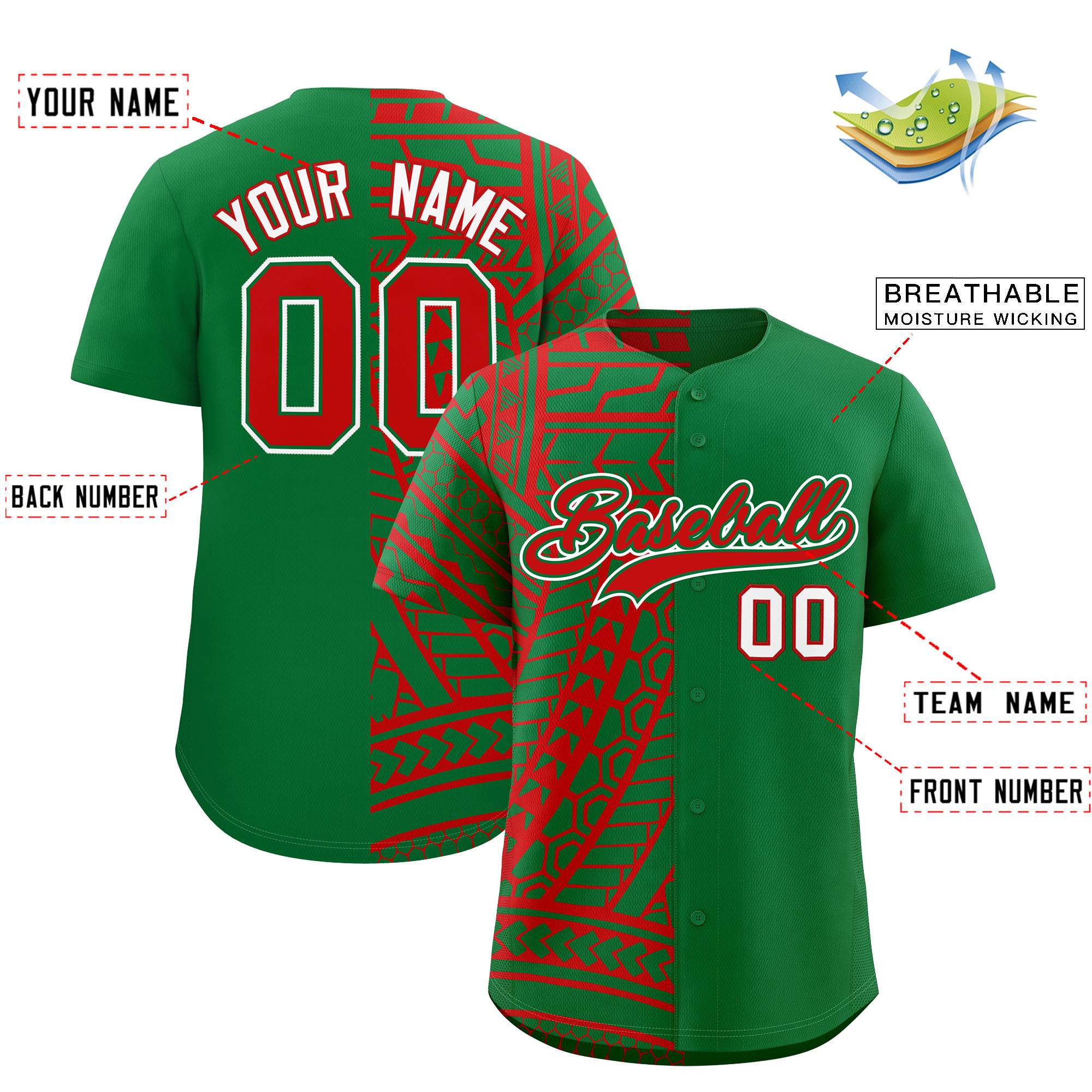 Custom Red Kelly Green Split Fashion Tribal Pattern Authentic Baseball Jersey