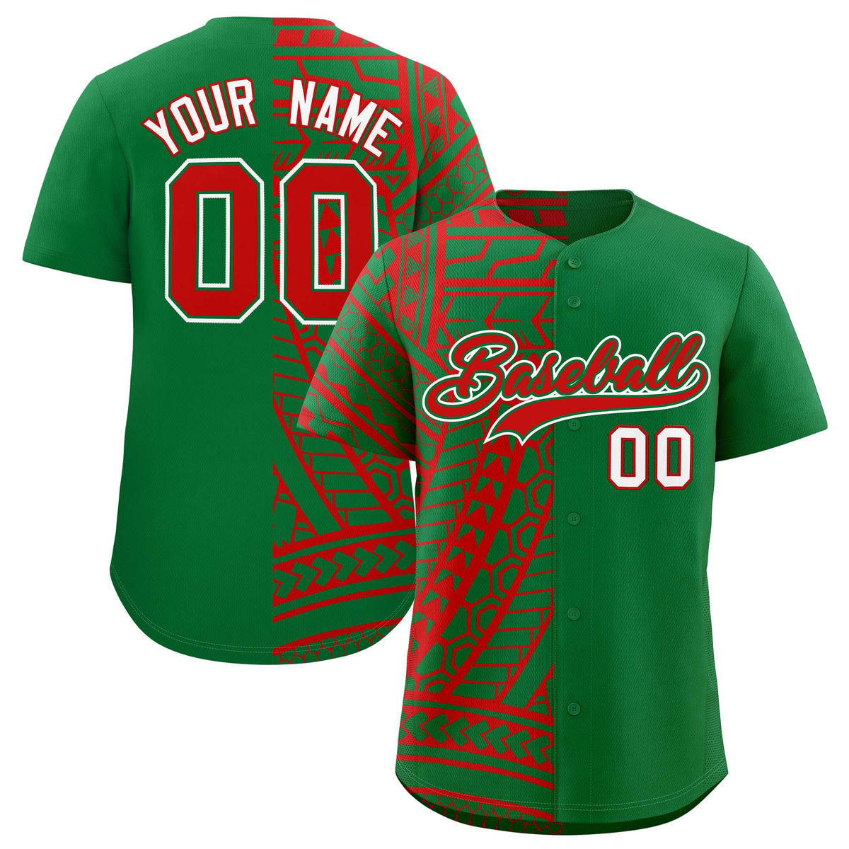 Custom Red Kelly Green Split Fashion Tribal Pattern Authentic Baseball Jersey
