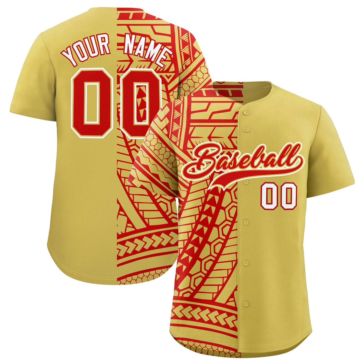 Custom Red Old Gold Split Fashion Tribal Pattern Authentic Baseball Jersey