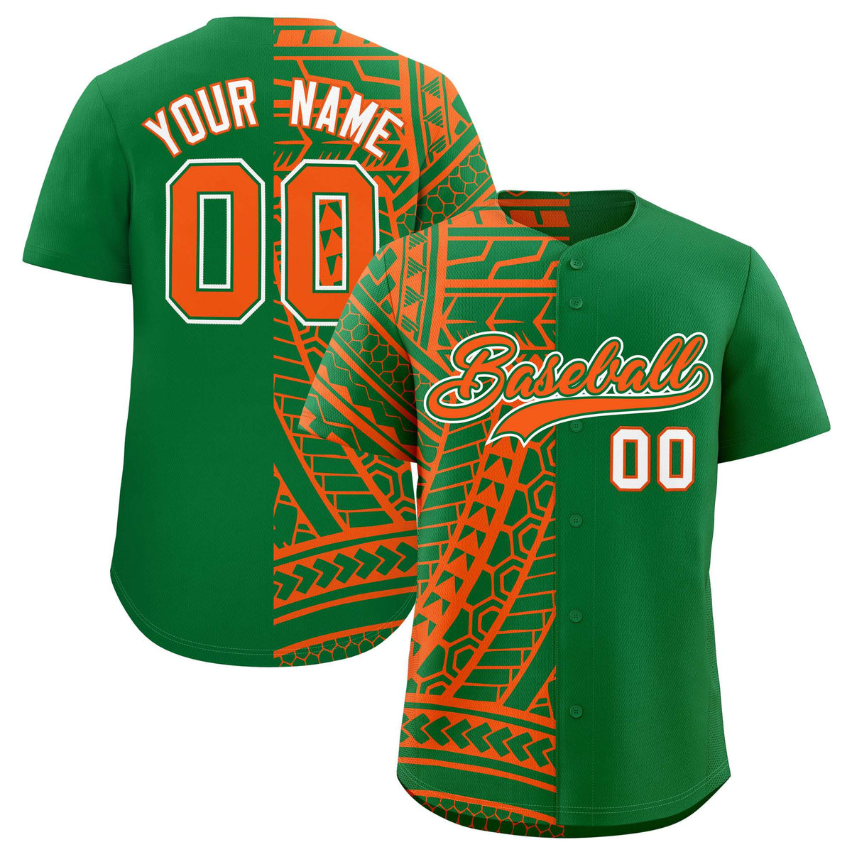 Custom Kelly Green Orange Split Fashion Tribal Pattern Authentic Baseball Jersey