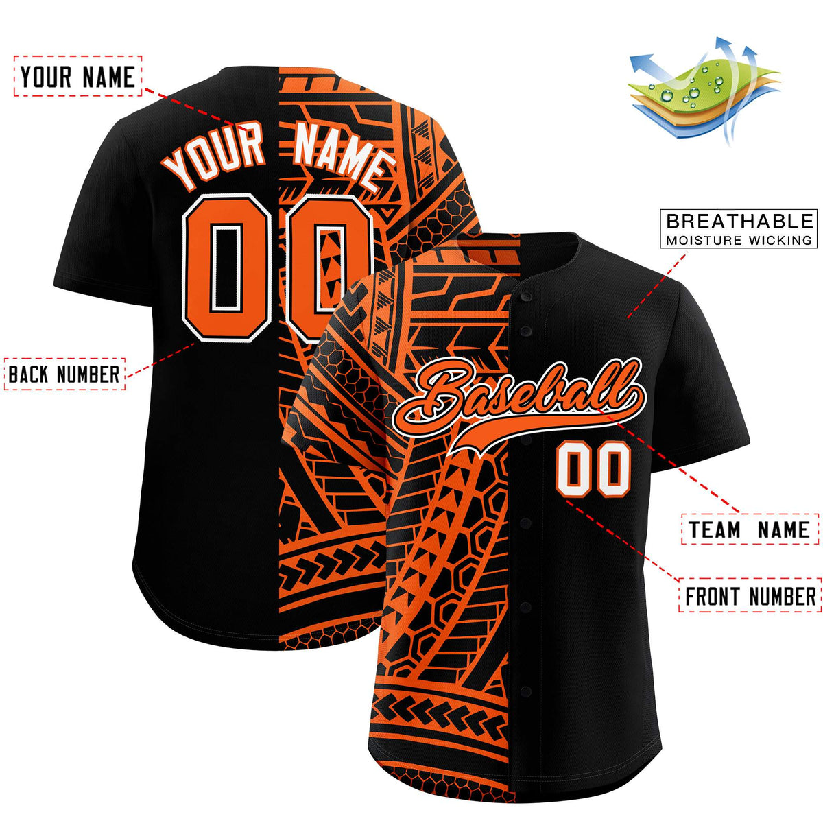 Custom Black Orange Split Fashion Tribal Pattern Authentic Baseball Jersey