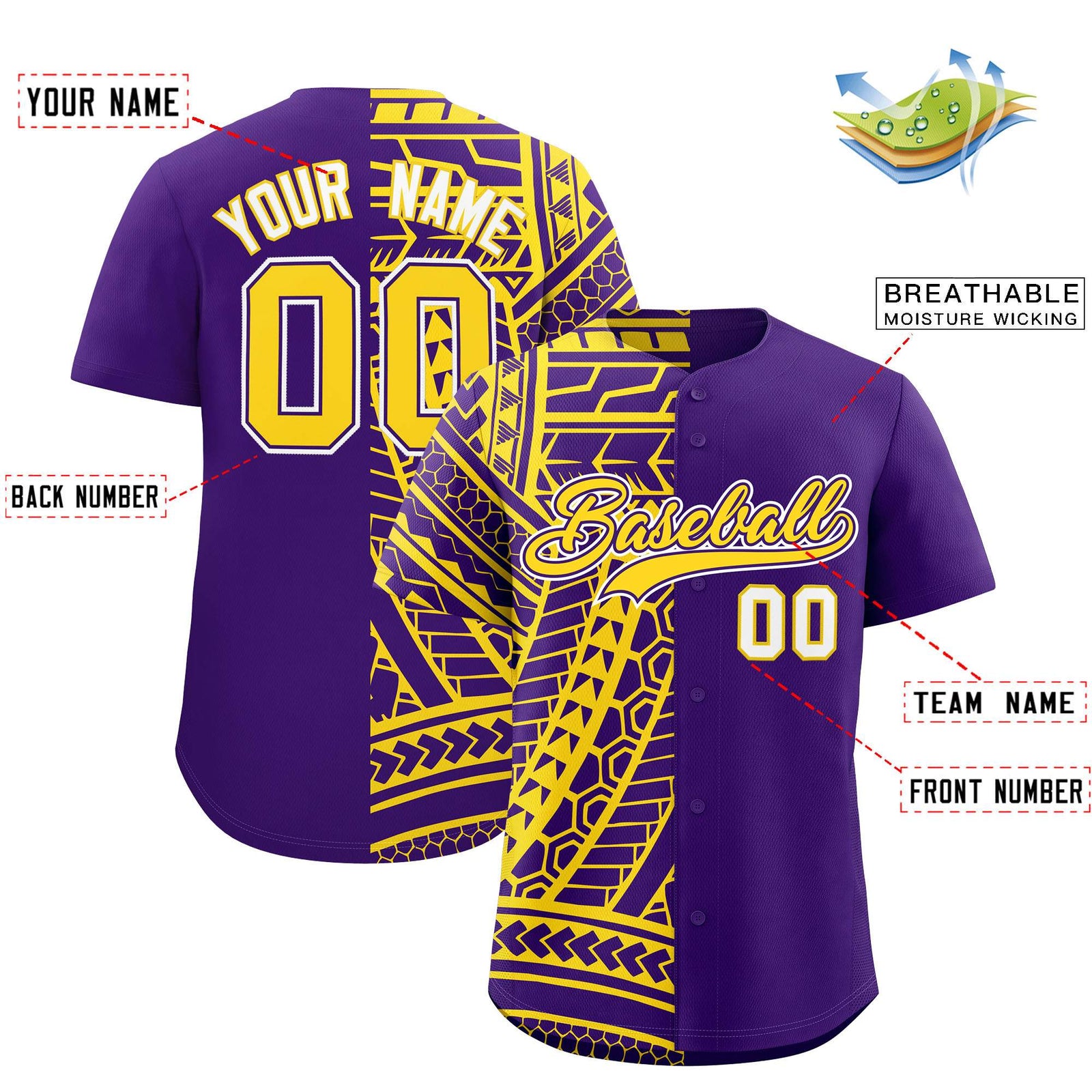 Custom Purple Gold Split Fashion Tribal Pattern Authentic Baseball Jersey