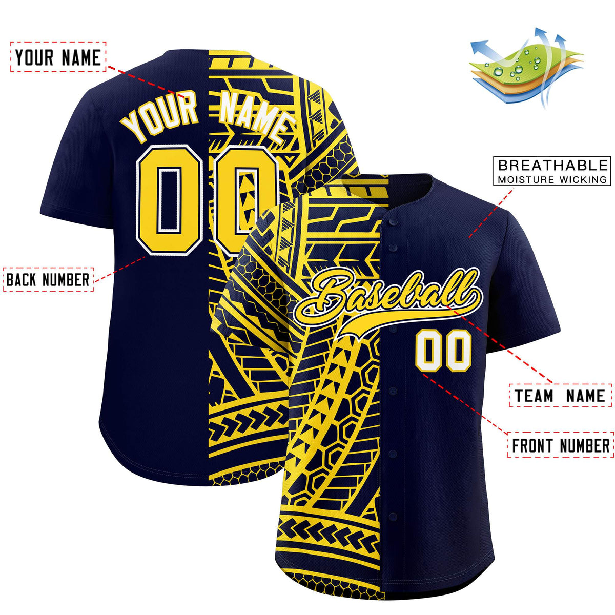 Custom Navy Gold Split Fashion Tribal Pattern Authentic Baseball Jersey