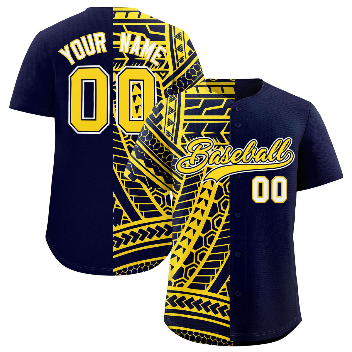 Custom Navy Gold Split Fashion Tribal Pattern Authentic Baseball Jersey