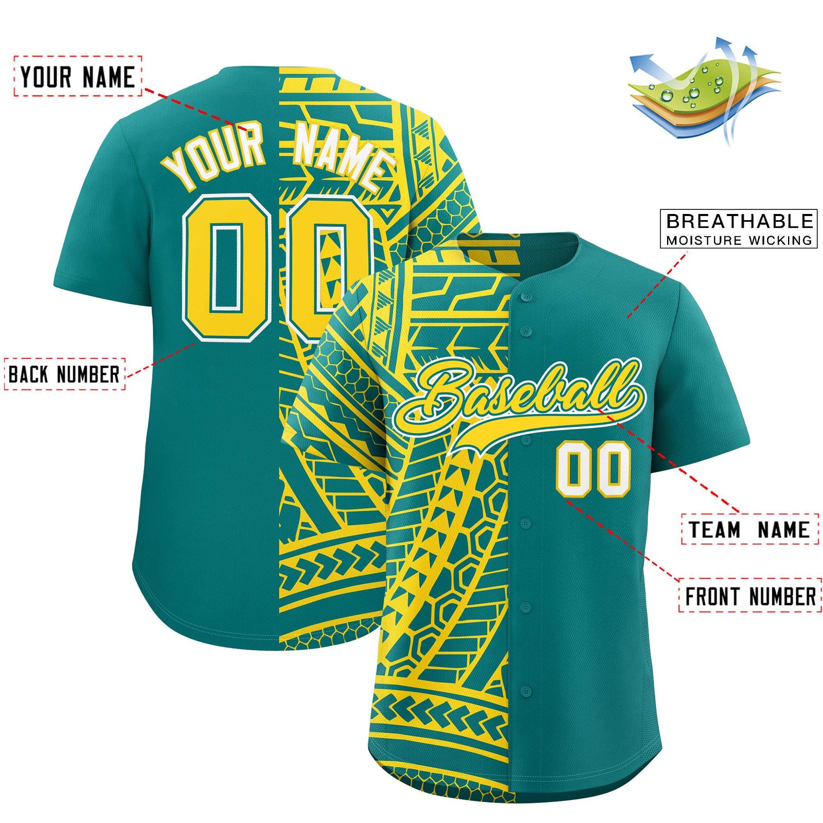 Custom Aqua Gold Split Fashion Tribal Pattern Authentic Baseball Jersey