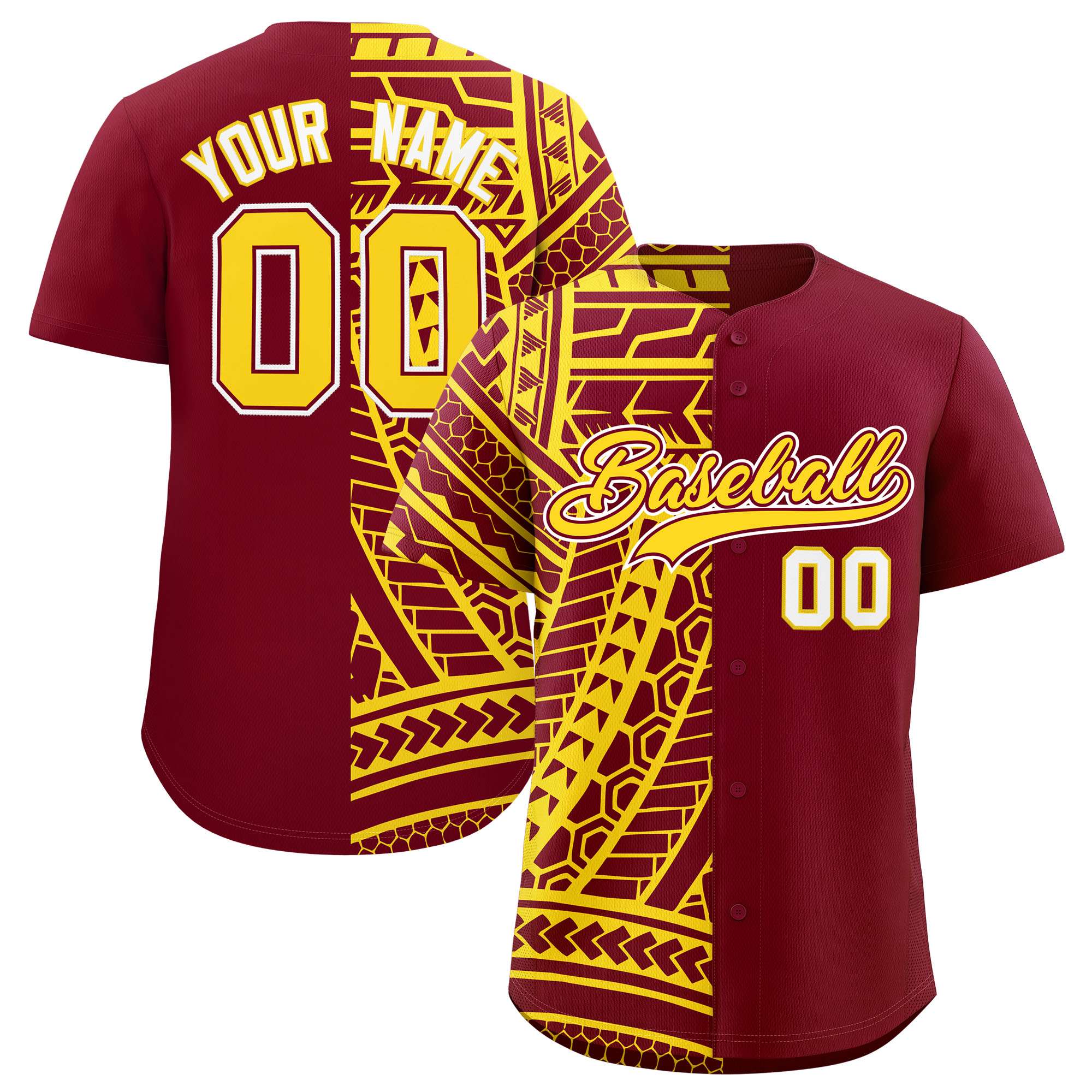 Custom Crimson Gold Split Fashion Tribal Pattern Authentic Baseball Jersey