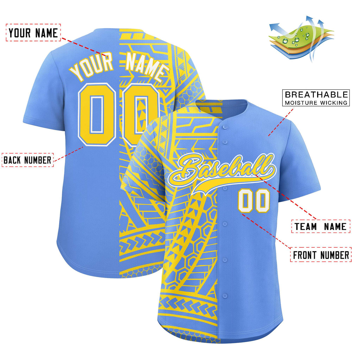 Custom Light Blue Gold Split Fashion Tribal Pattern Authentic Baseball Jersey