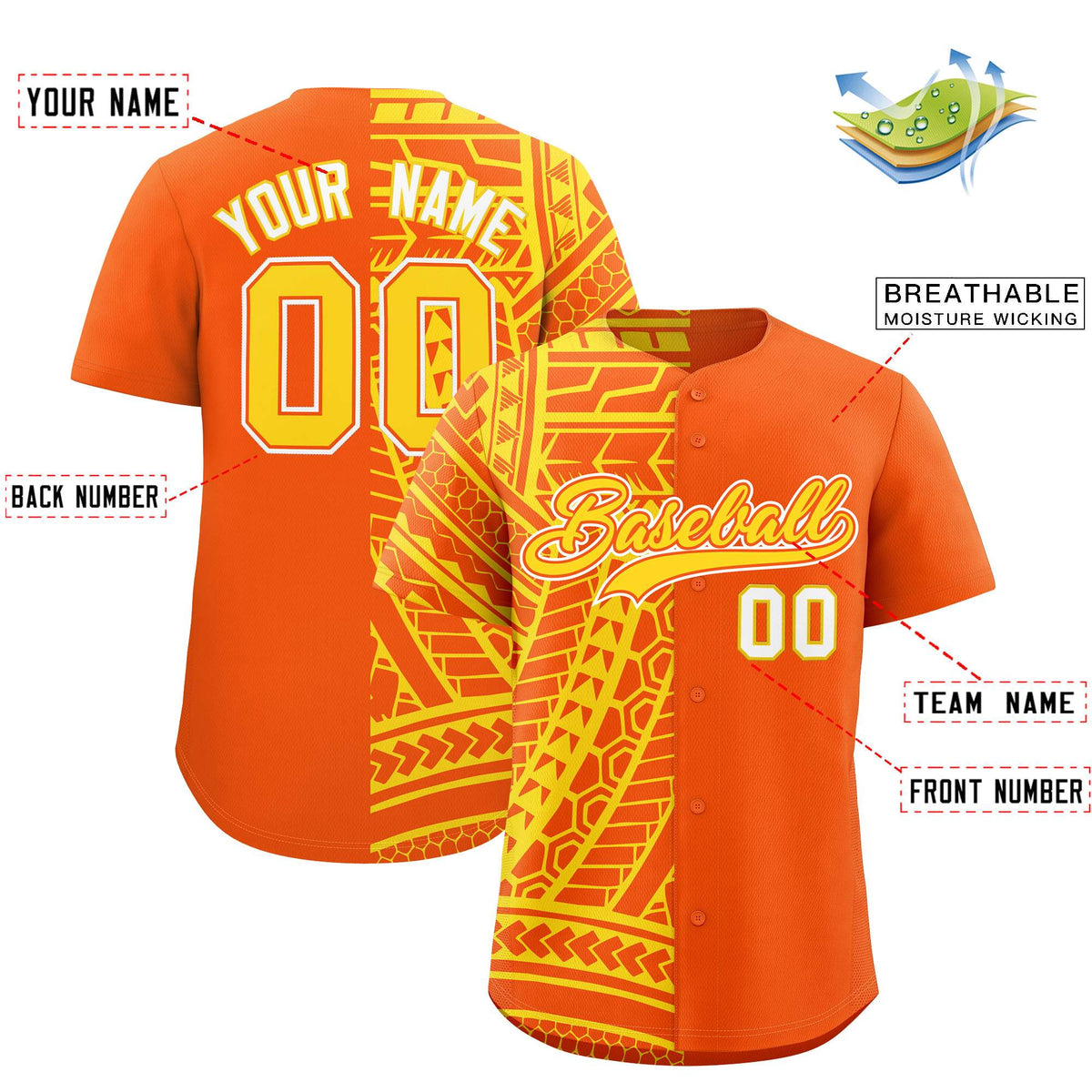 Custom Orange Gold Split Fashion Tribal Pattern Authentic Baseball Jersey