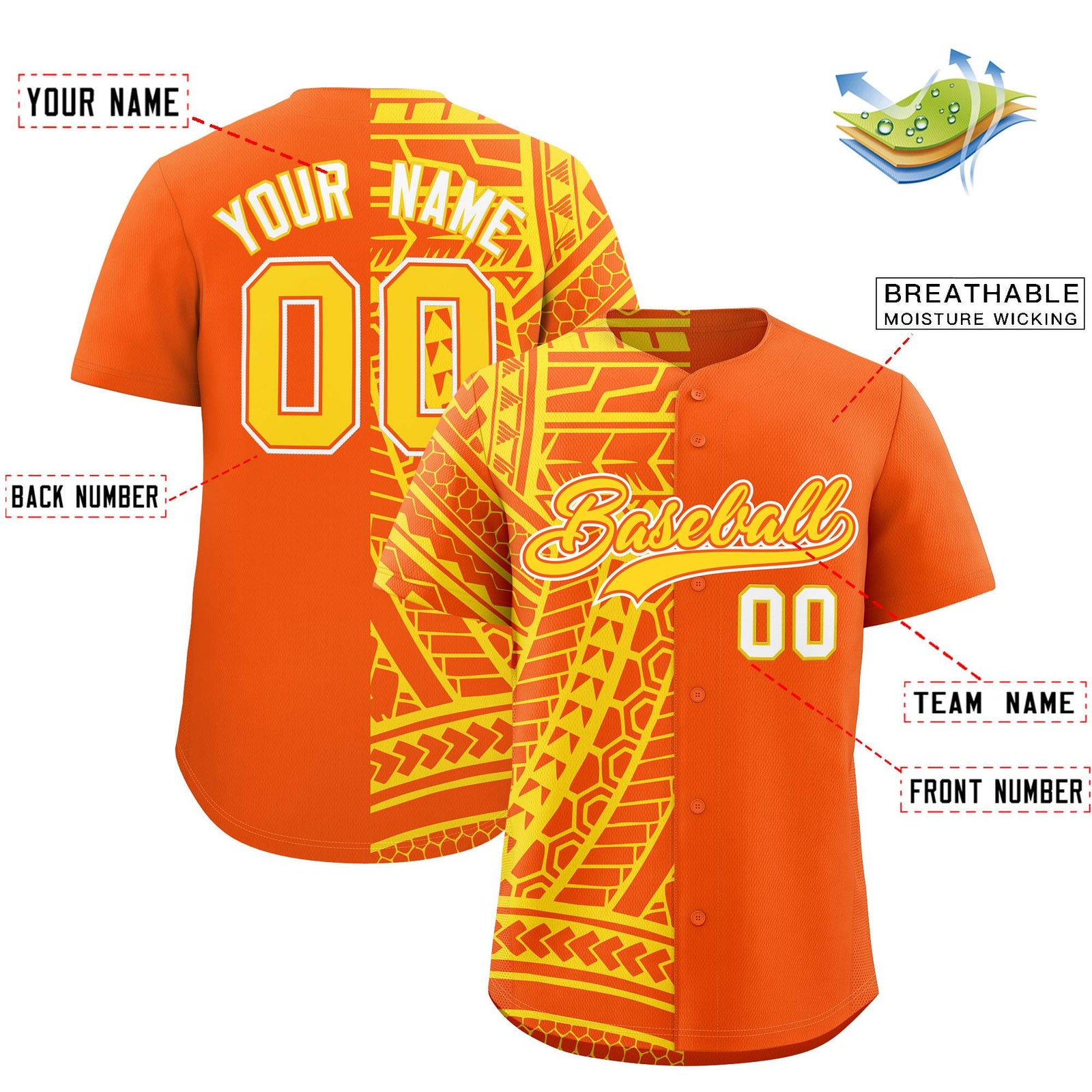 Custom Orange Gold Split Fashion Tribal Pattern Authentic Baseball Jersey