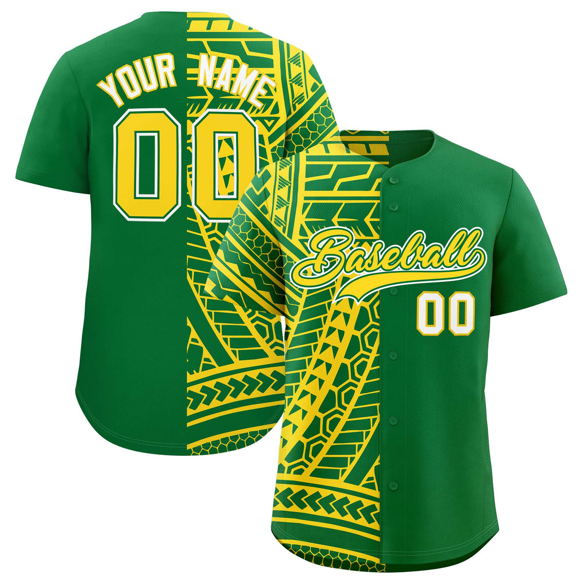 Custom Kelly Green Gold Split Fashion Tribal Pattern Authentic Baseball Jersey