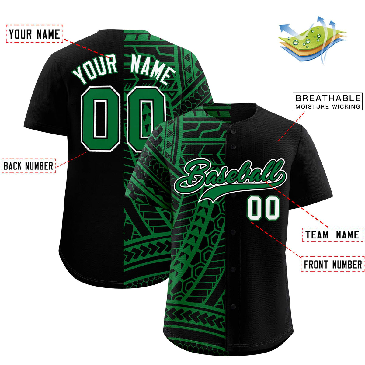 Custom Black Kelly Green Split Fashion Tribal Pattern Authentic Baseball Jersey