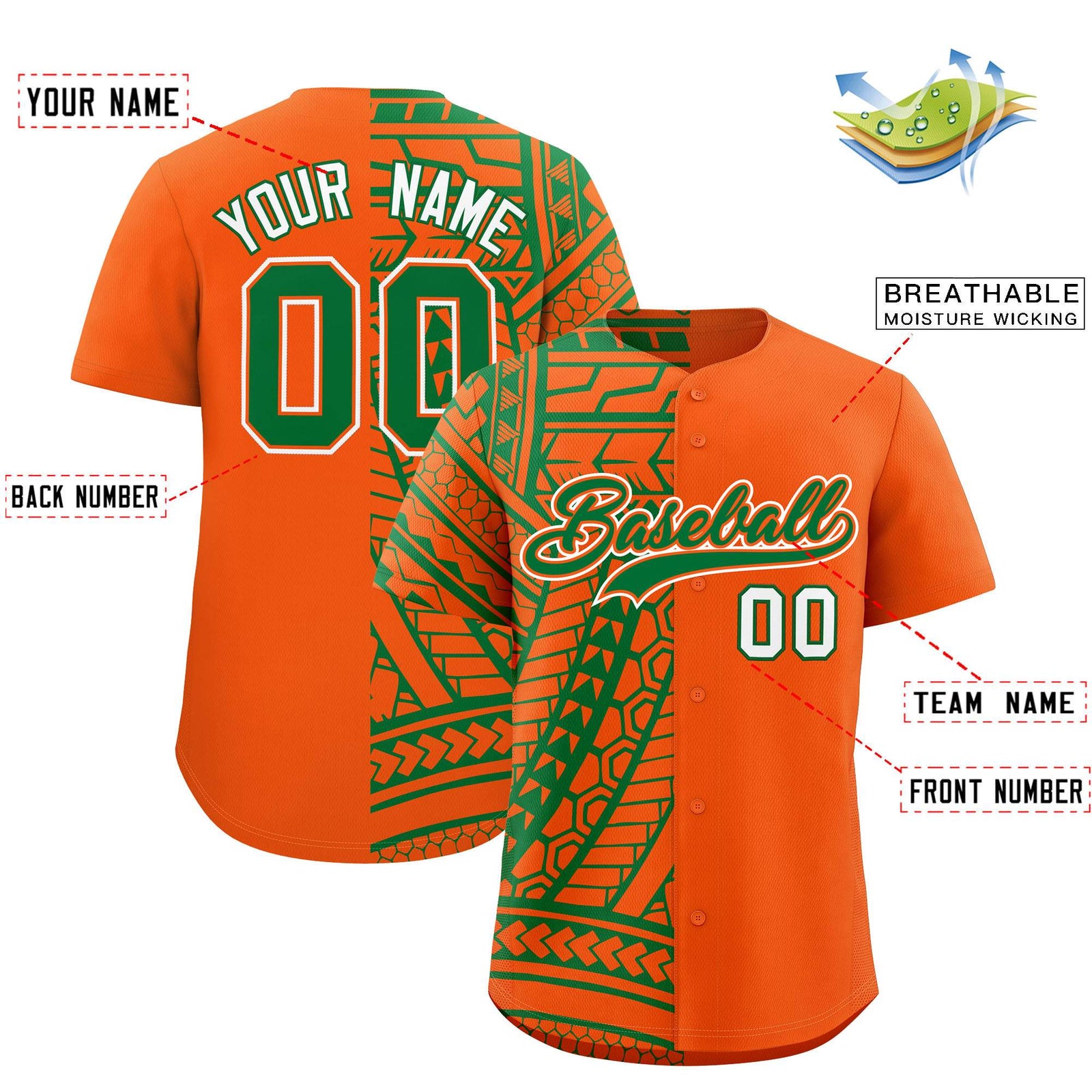 Custom Orange Kelly Green Split Fashion Tribal Pattern Authentic Baseball Jersey
