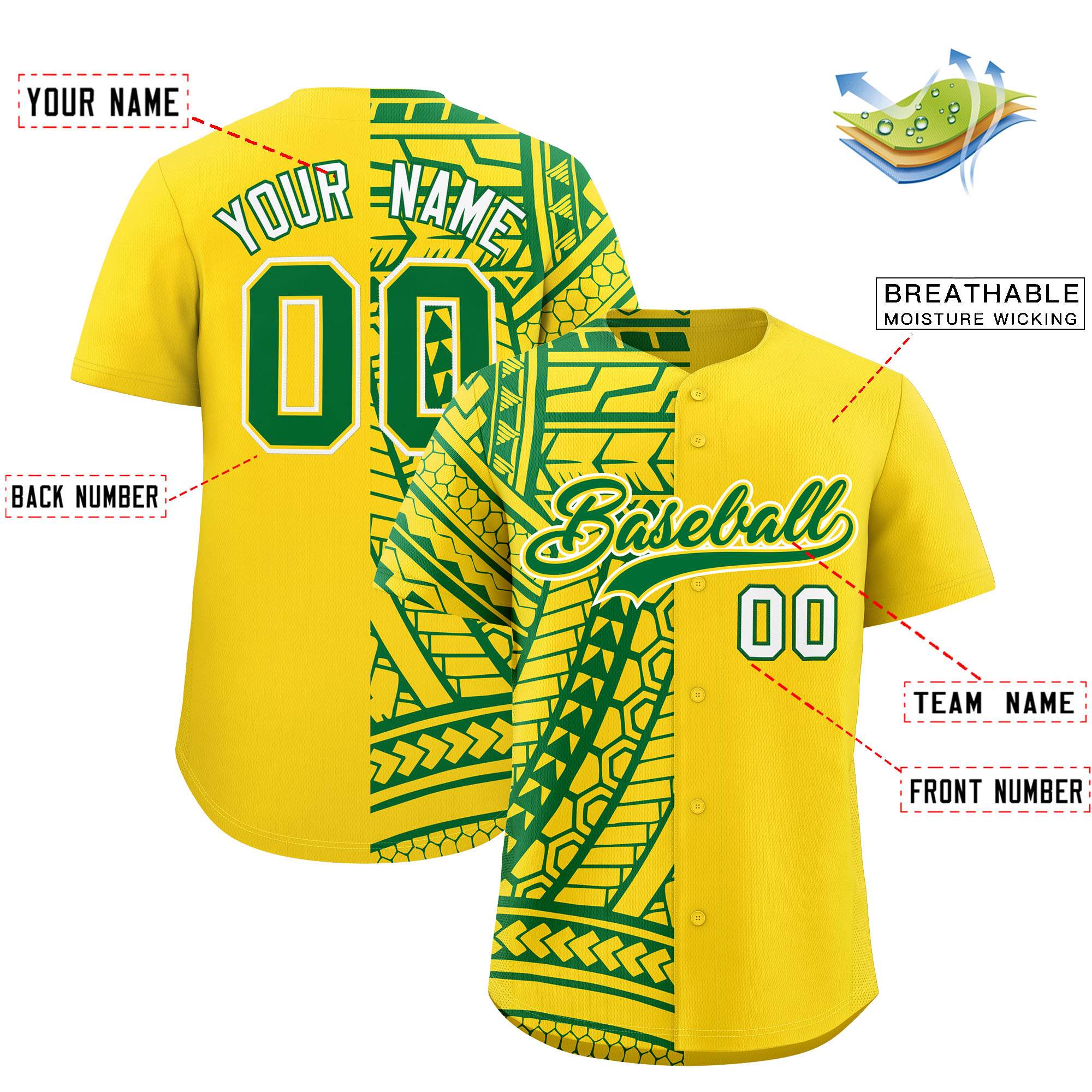 Custom Gold Kelly Green Split Fashion Tribal Pattern Authentic Baseball Jersey