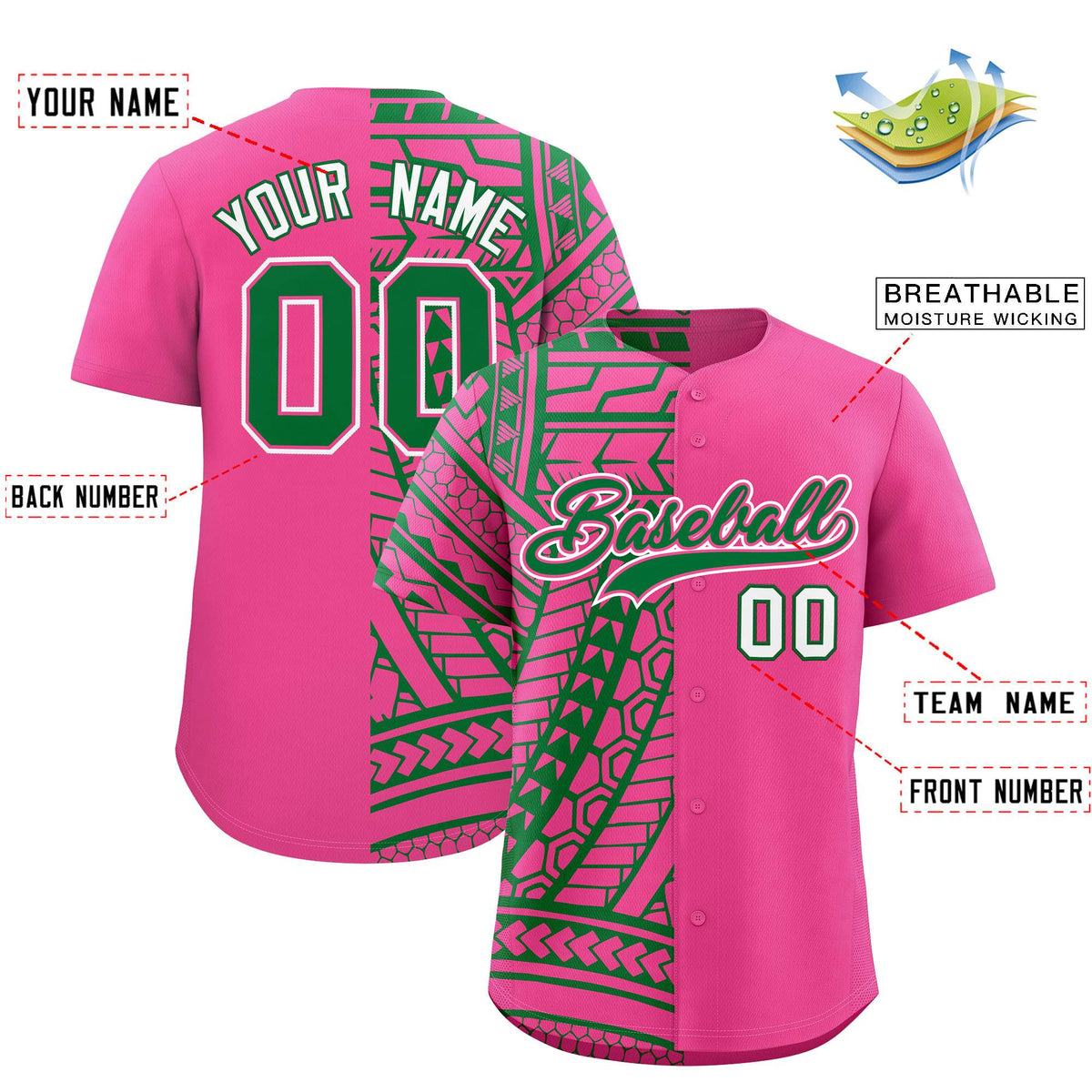 Custom Pink Kelly Green Split Fashion Tribal Pattern Authentic Baseball Jersey