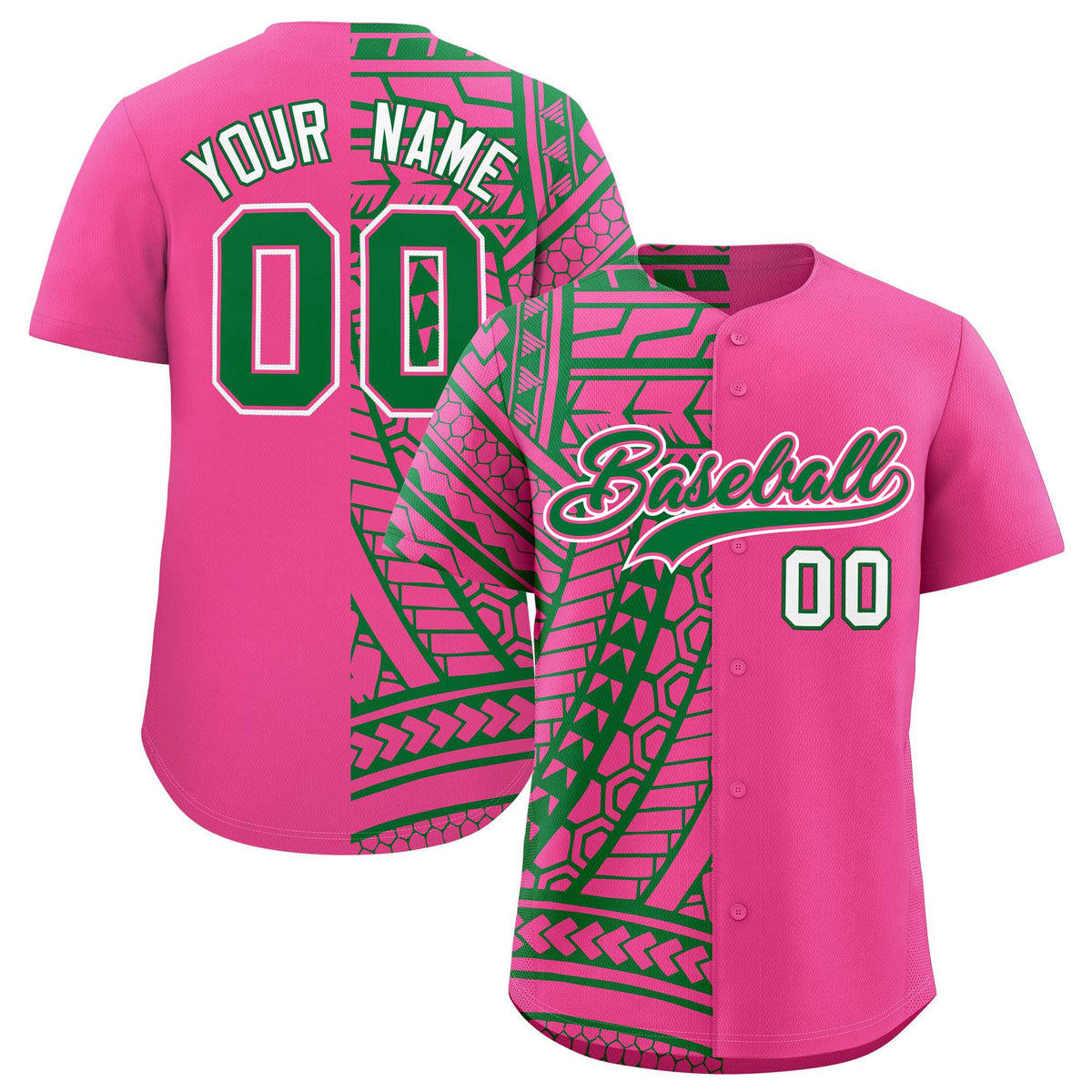 Custom Pink Kelly Green Split Fashion Tribal Pattern Authentic Baseball Jersey