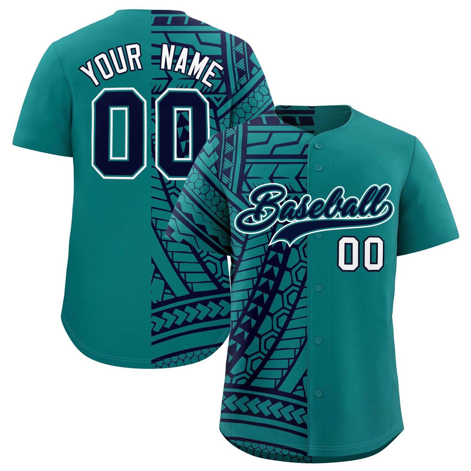 Custom Aqua Navy Split Fashion Tribal Pattern Authentic Baseball Jersey