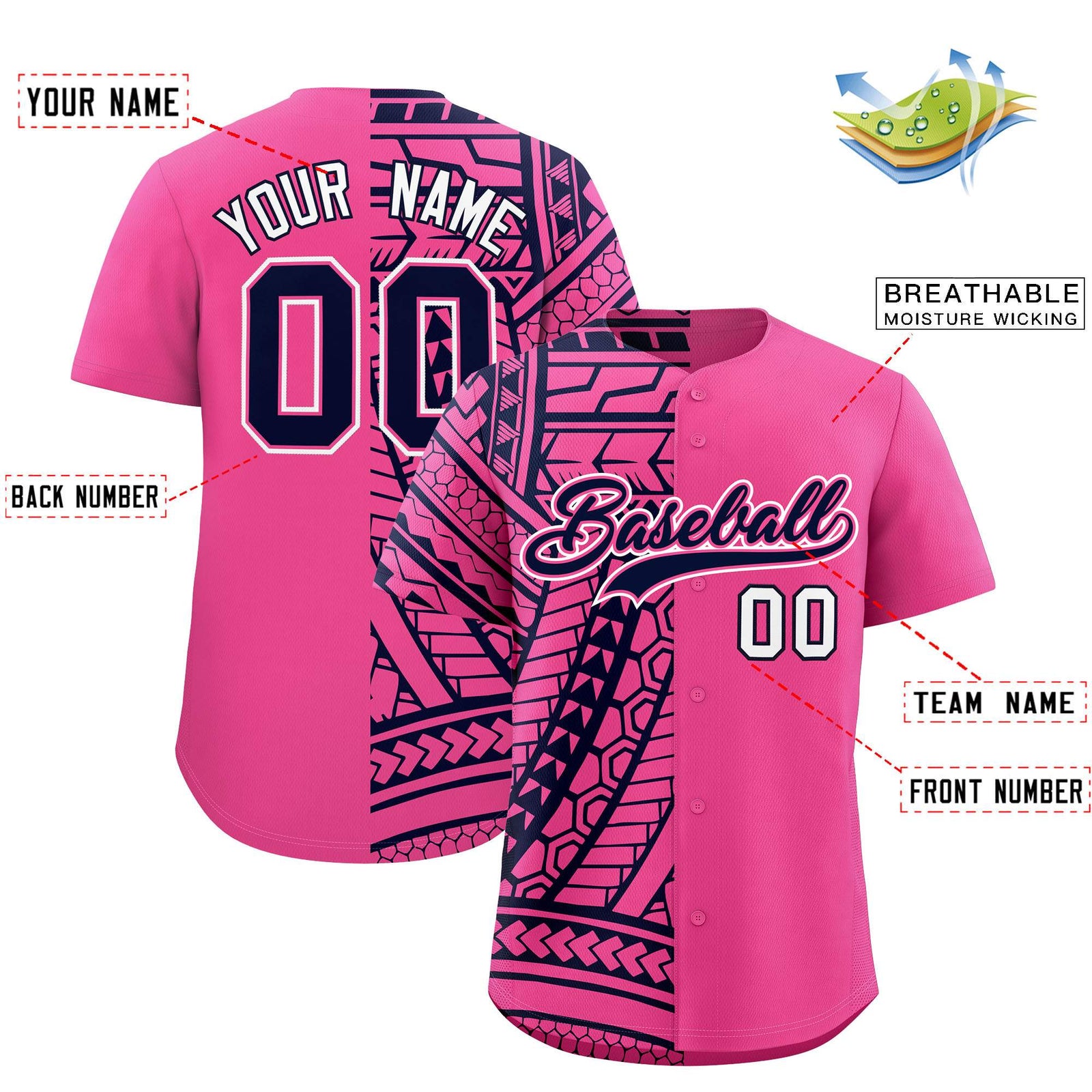 Custom Pink Navy Split Fashion Tribal Pattern Authentic Baseball Jersey