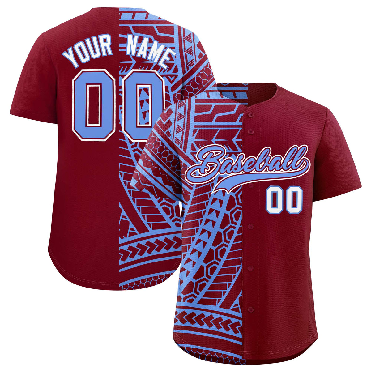 Custom Crimson Light Blue Split Fashion Tribal Pattern Authentic Baseball Jersey