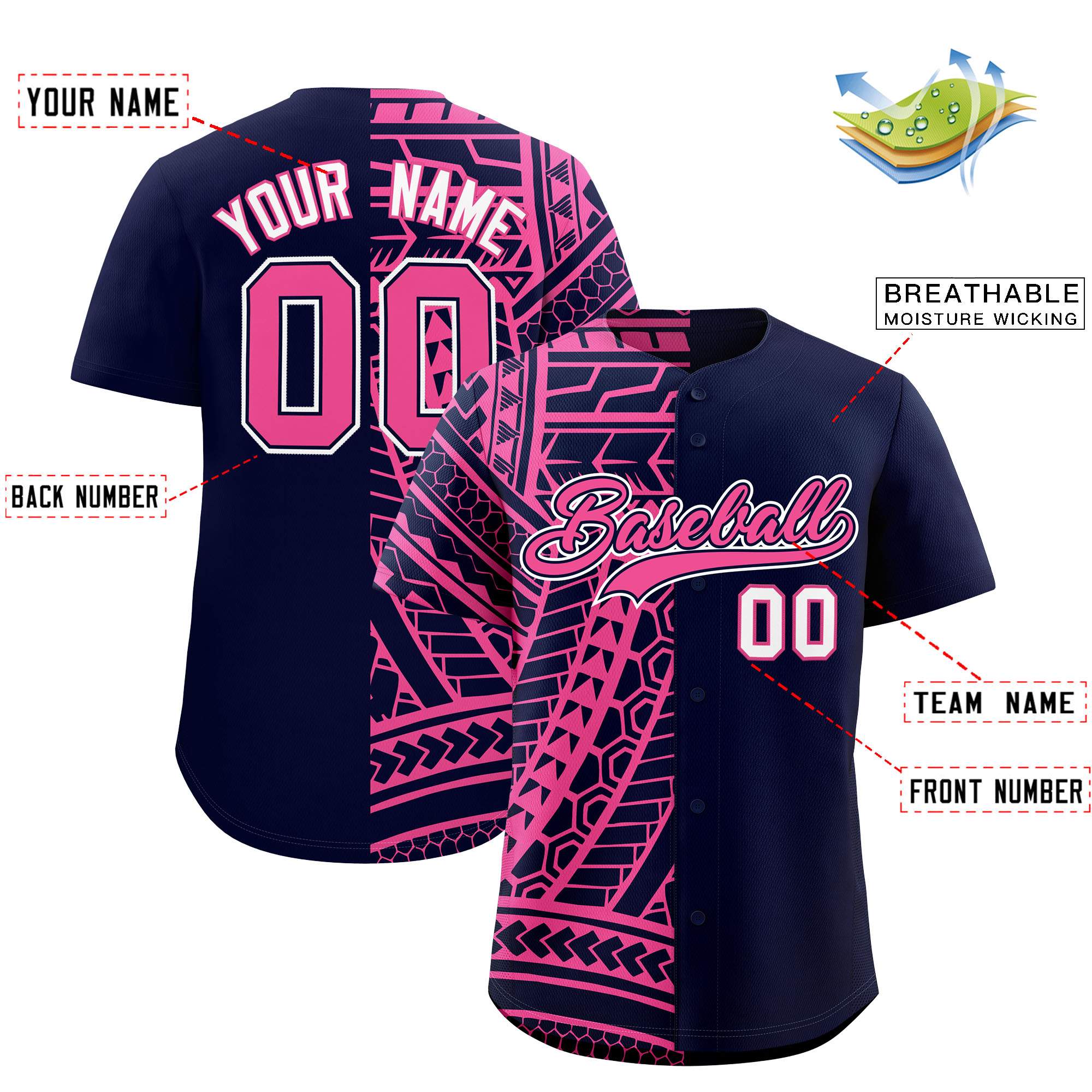 Custom Navy Pink Split Fashion Tribal Pattern Authentic Baseball Jersey