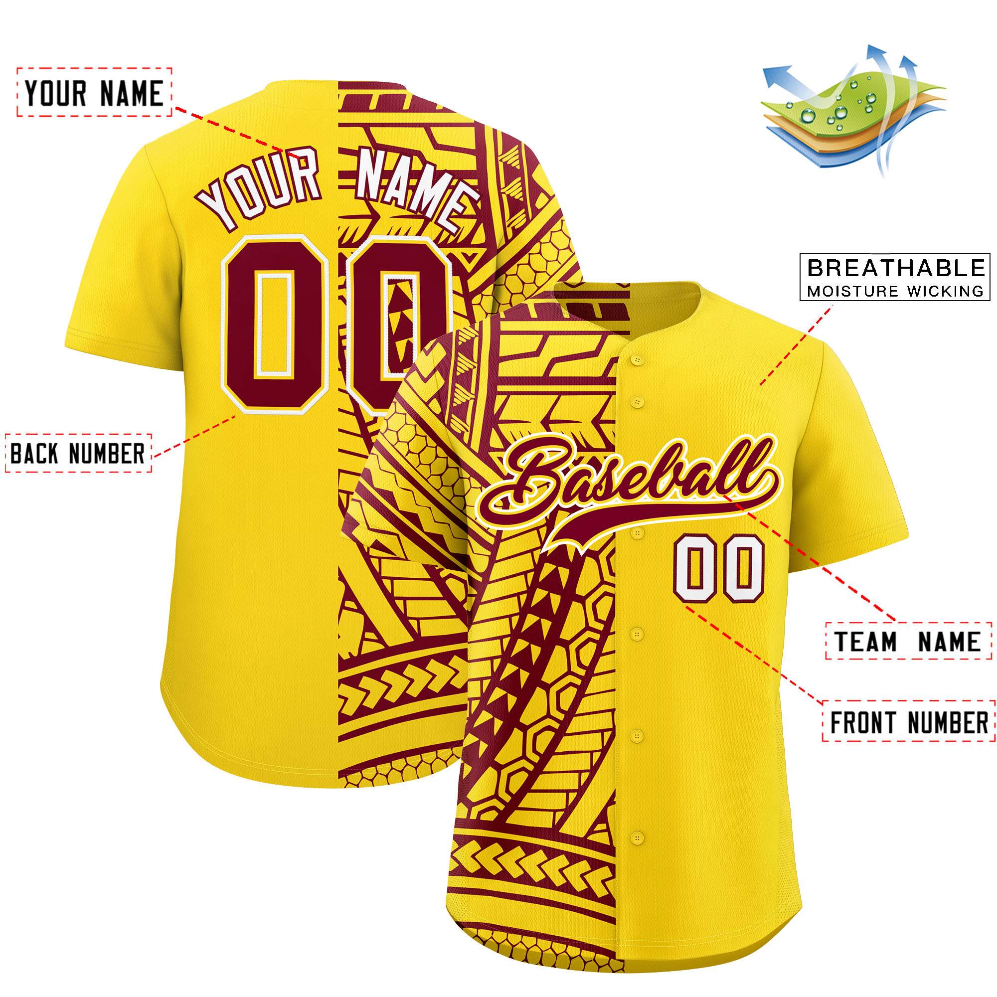 Custom Gold Crimson Split Fashion Tribal Pattern Authentic Baseball Jersey