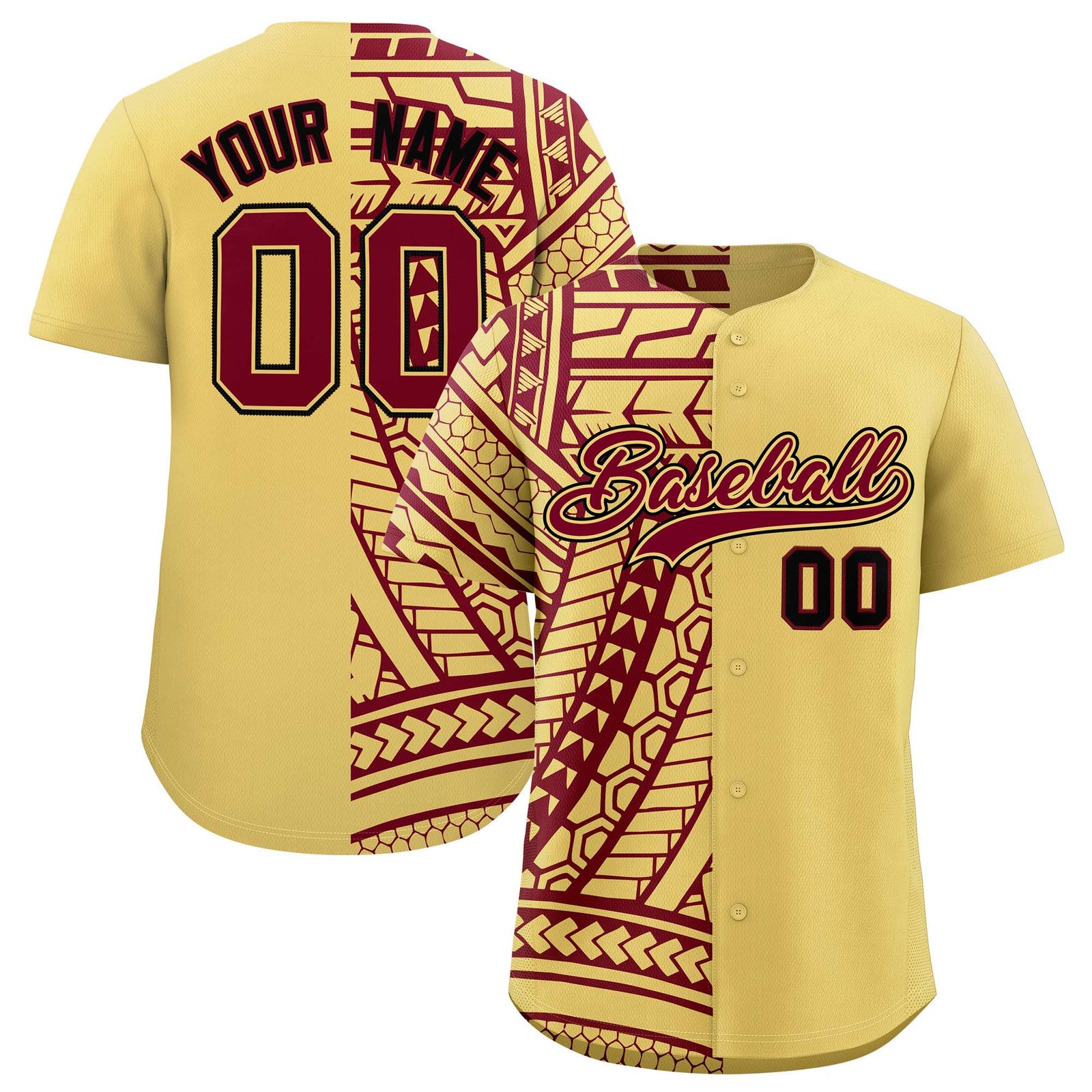 Custom Khaki Crimson Split Fashion Tribal Pattern Authentic Baseball Jersey