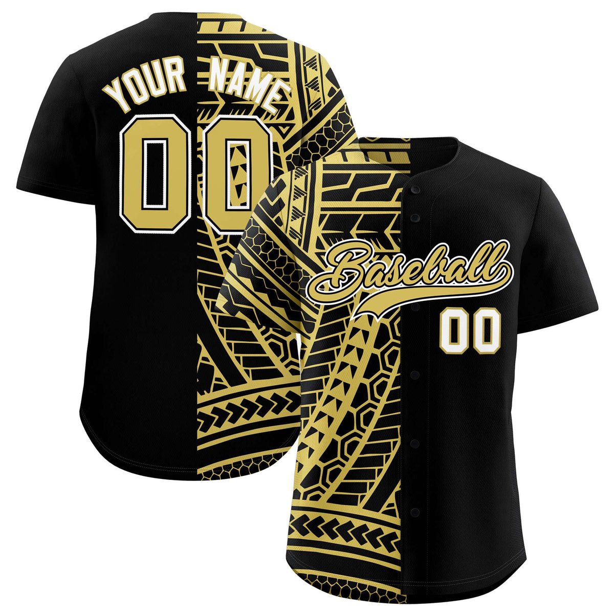 Custom Black Old Gold Split Fashion Tribal Pattern Authentic Baseball Jersey