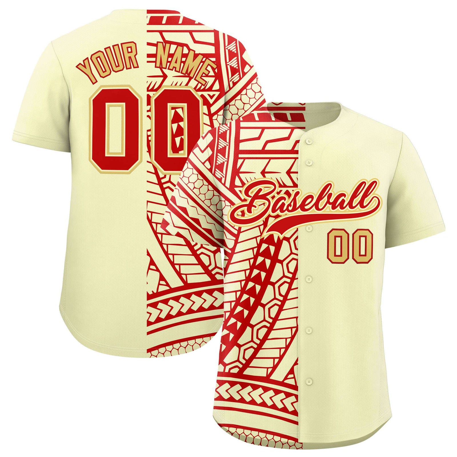 Custom Cream Red Split Fashion Tribal Pattern Authentic Baseball Jersey