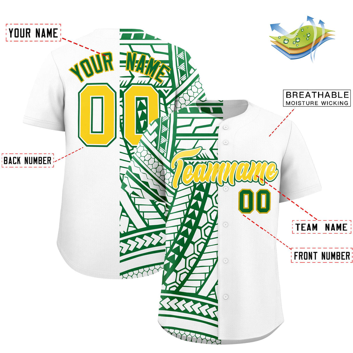 Custom White Kelly Green Split Fashion Tribal Pattern Authentic Baseball Jersey