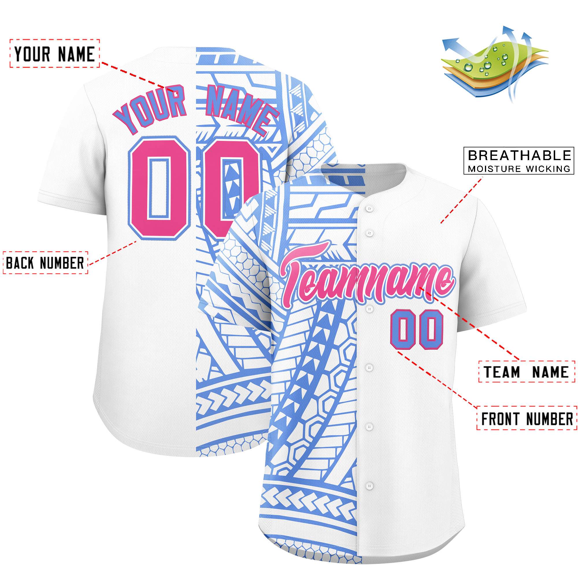 Custom White Light Blue Split Fashion Tribal Pattern Authentic Baseball Jersey