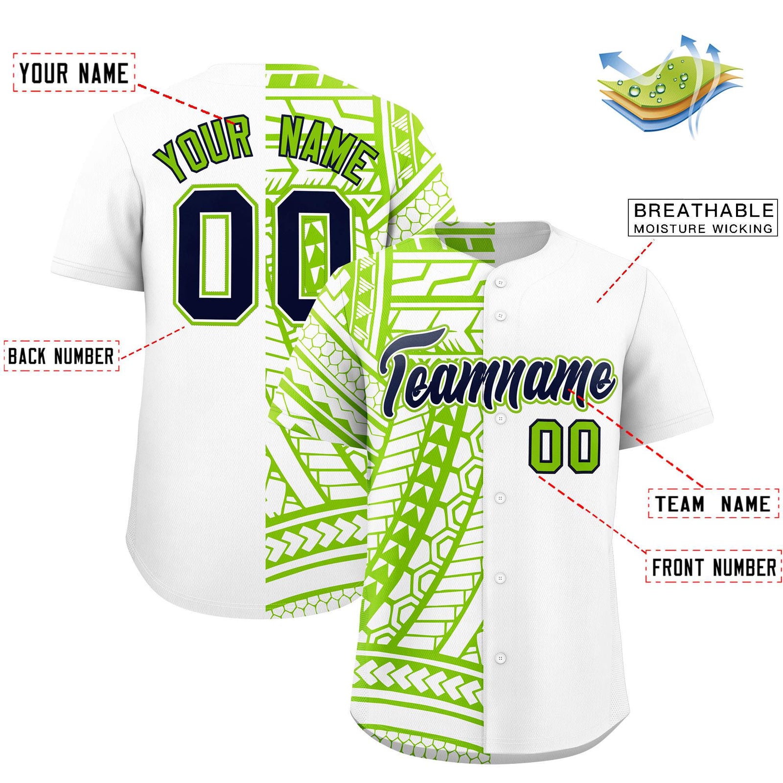 Custom White Neon Green Split Fashion Tribal Pattern Authentic Baseball Jersey