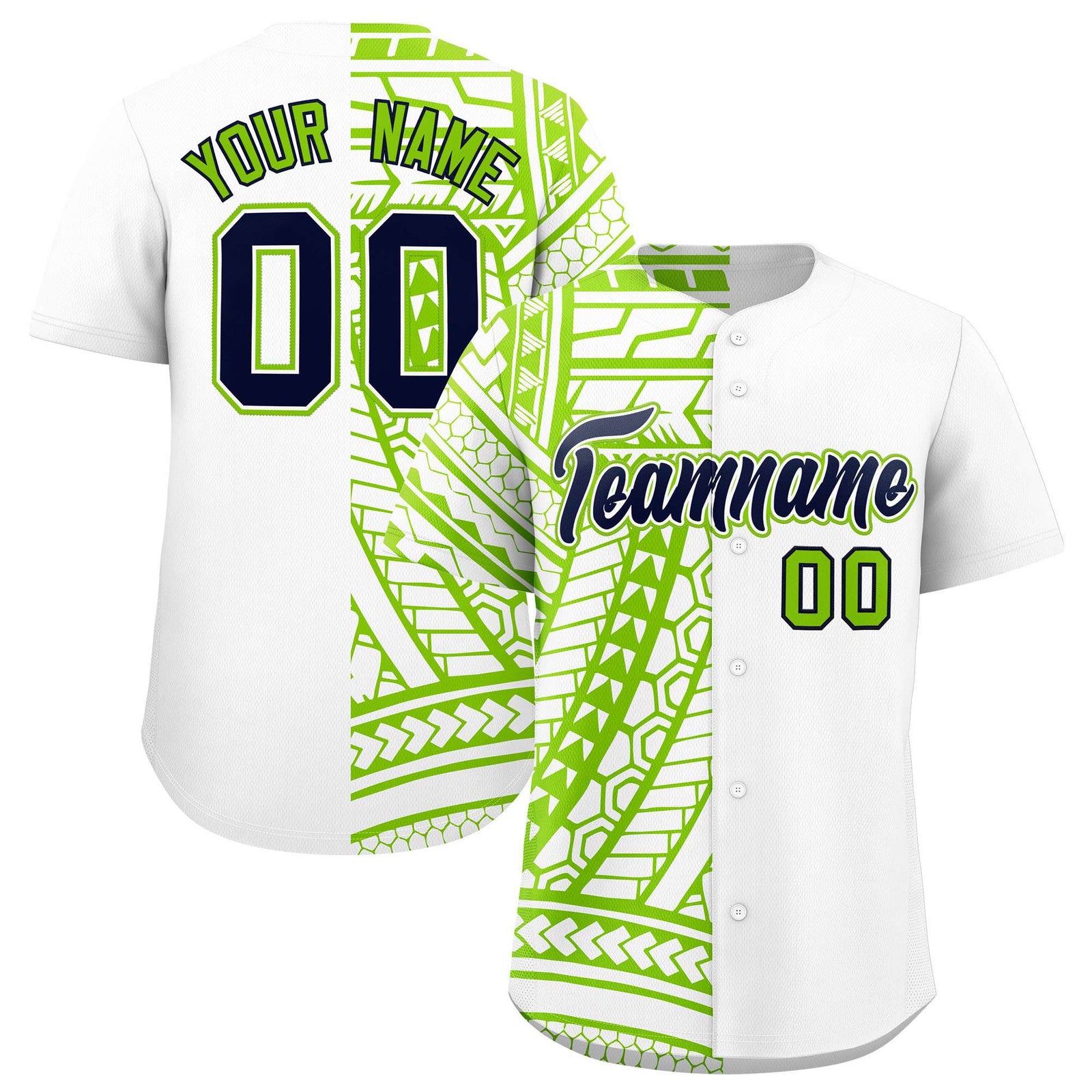Custom White Neon Green Split Fashion Tribal Pattern Authentic Baseball Jersey