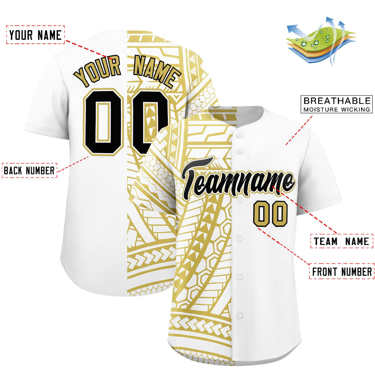 Custom White Old Gold Split Fashion Tribal Pattern Authentic Baseball Jersey