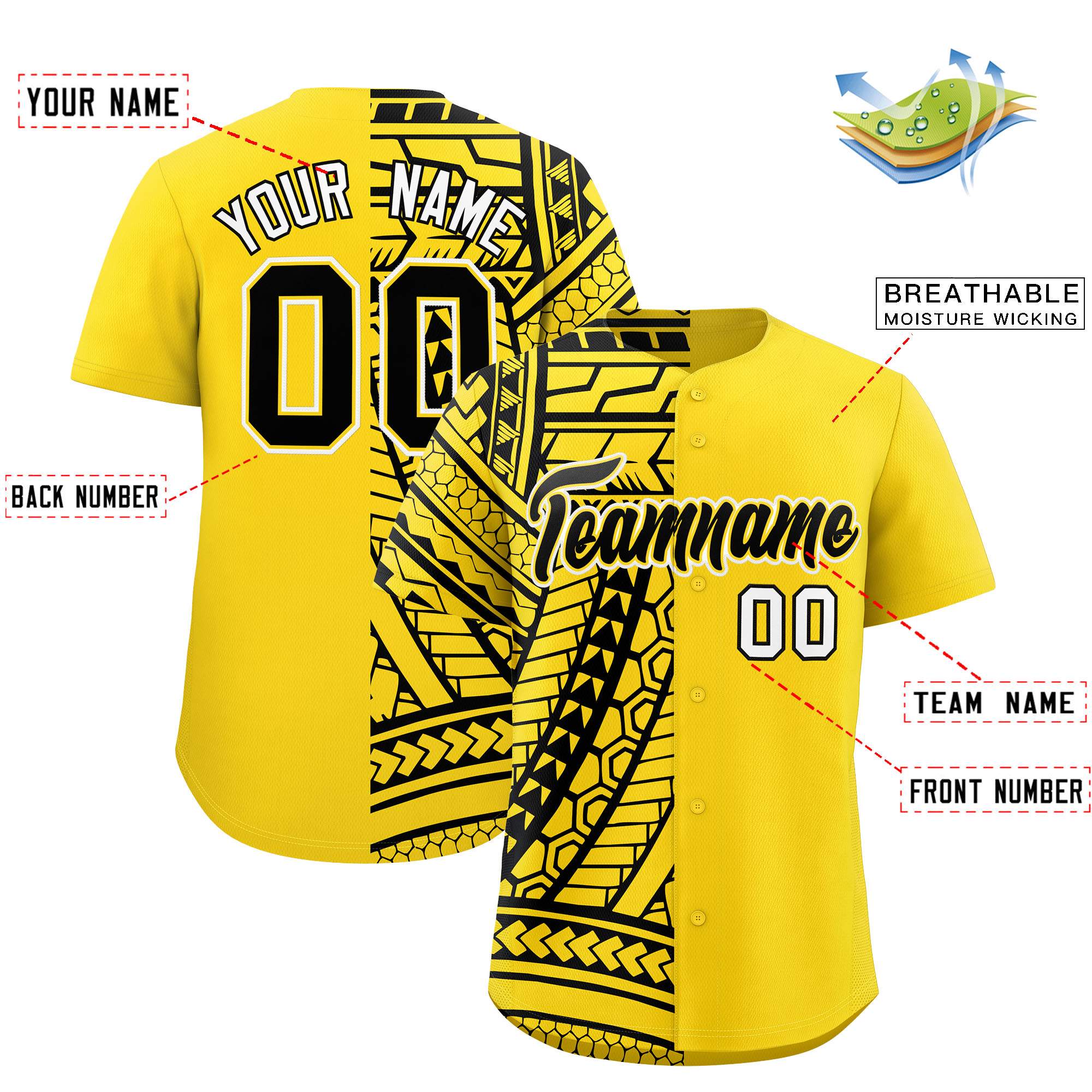 Custom Gold Black Split Fashion Tribal Pattern Authentic Baseball Jersey