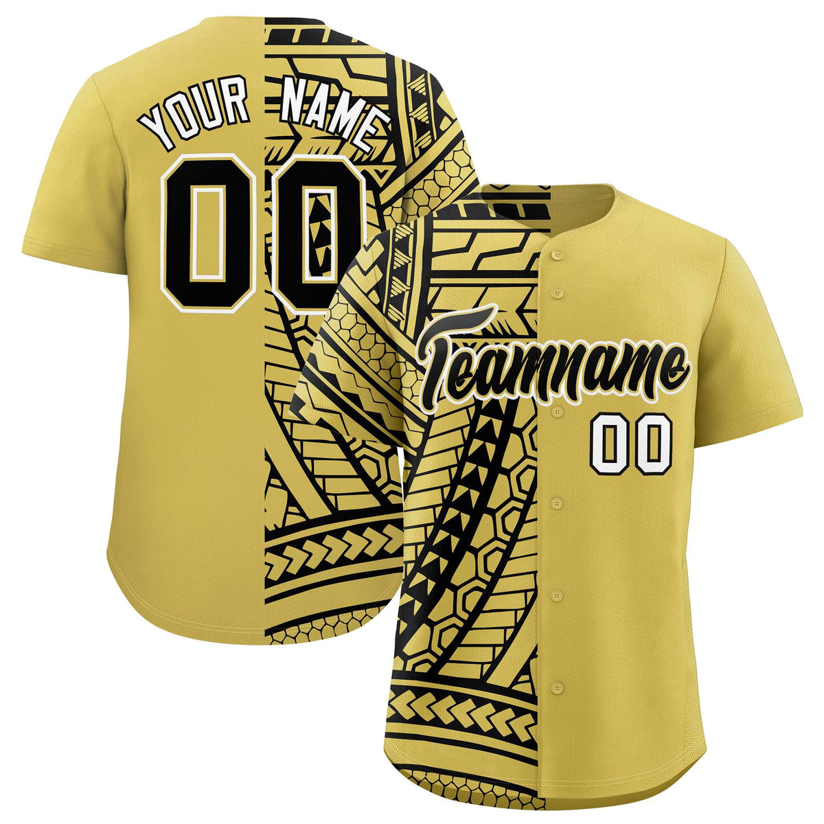 Custom Old Gold Black Split Fashion Tribal Pattern Authentic Baseball Jersey