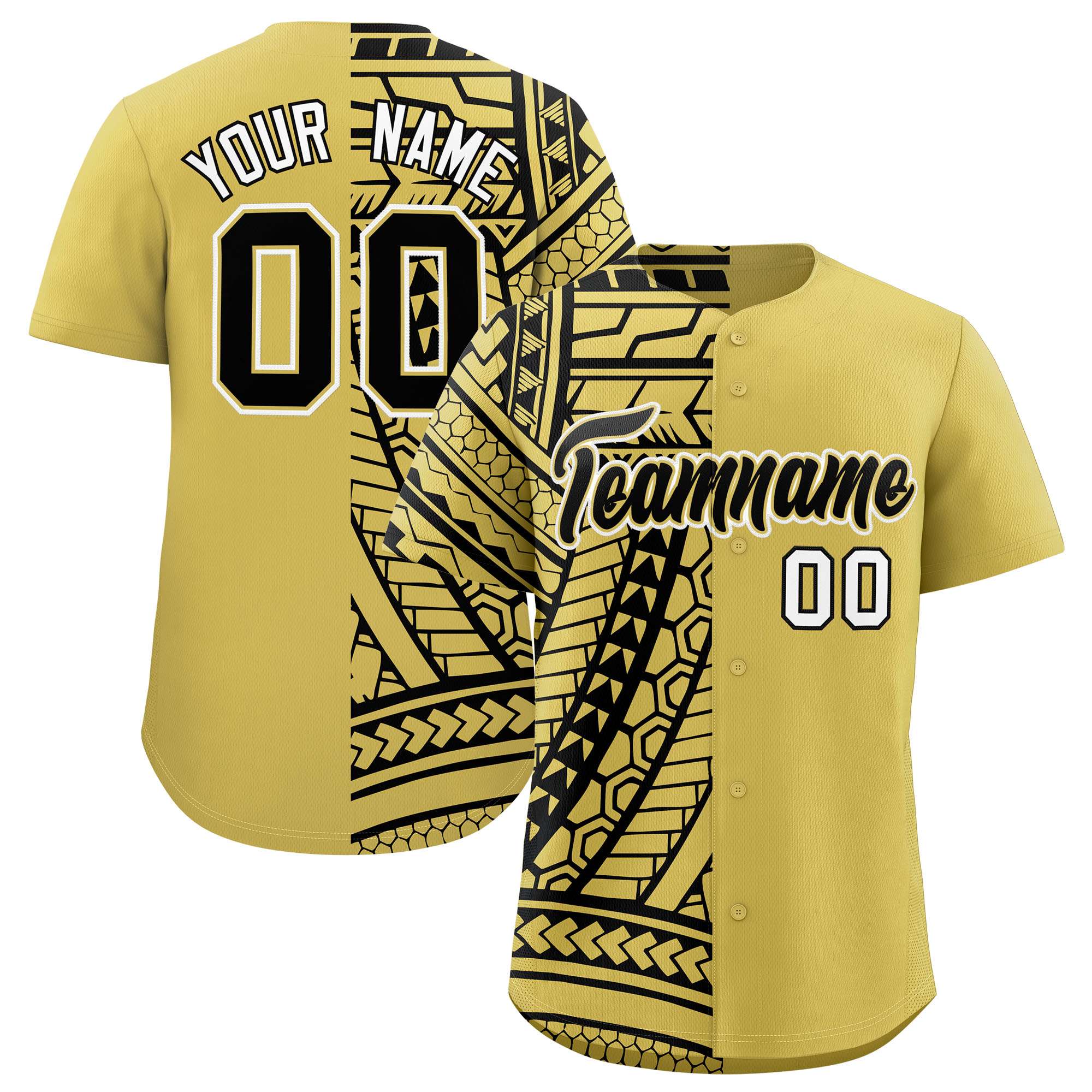 Custom Old Gold Black Split Fashion Tribal Pattern Authentic Baseball Jersey