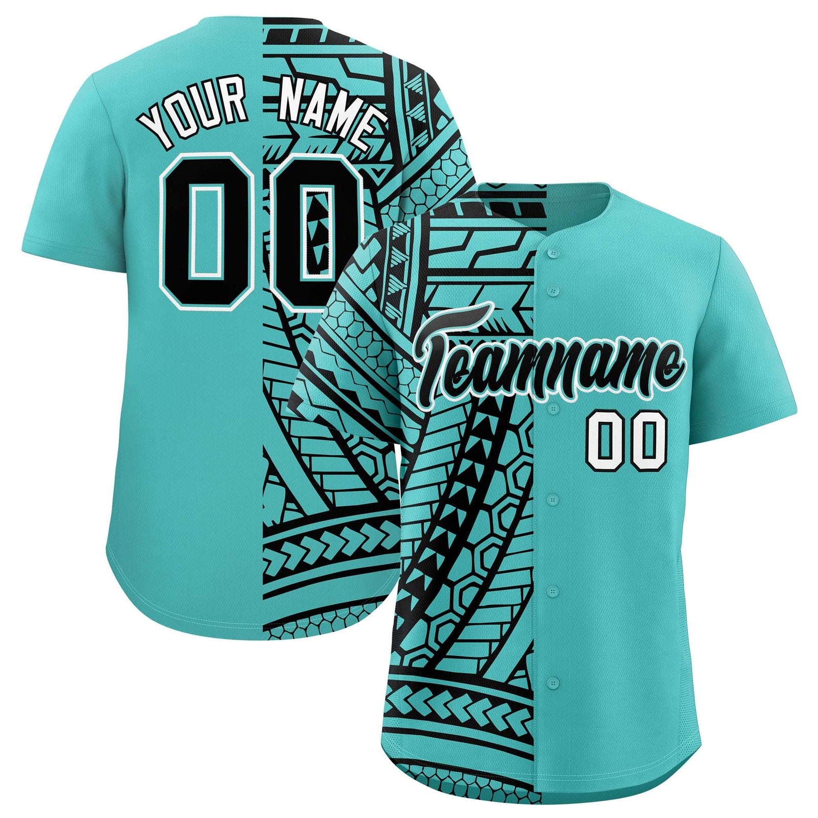 Custom Aqua Black Split Fashion Tribal Pattern Authentic Baseball Jersey