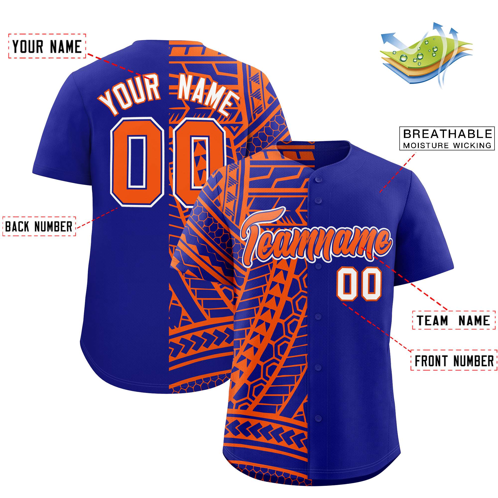 Custom Royal Orange Split Fashion Tribal Pattern Authentic Baseball Jersey